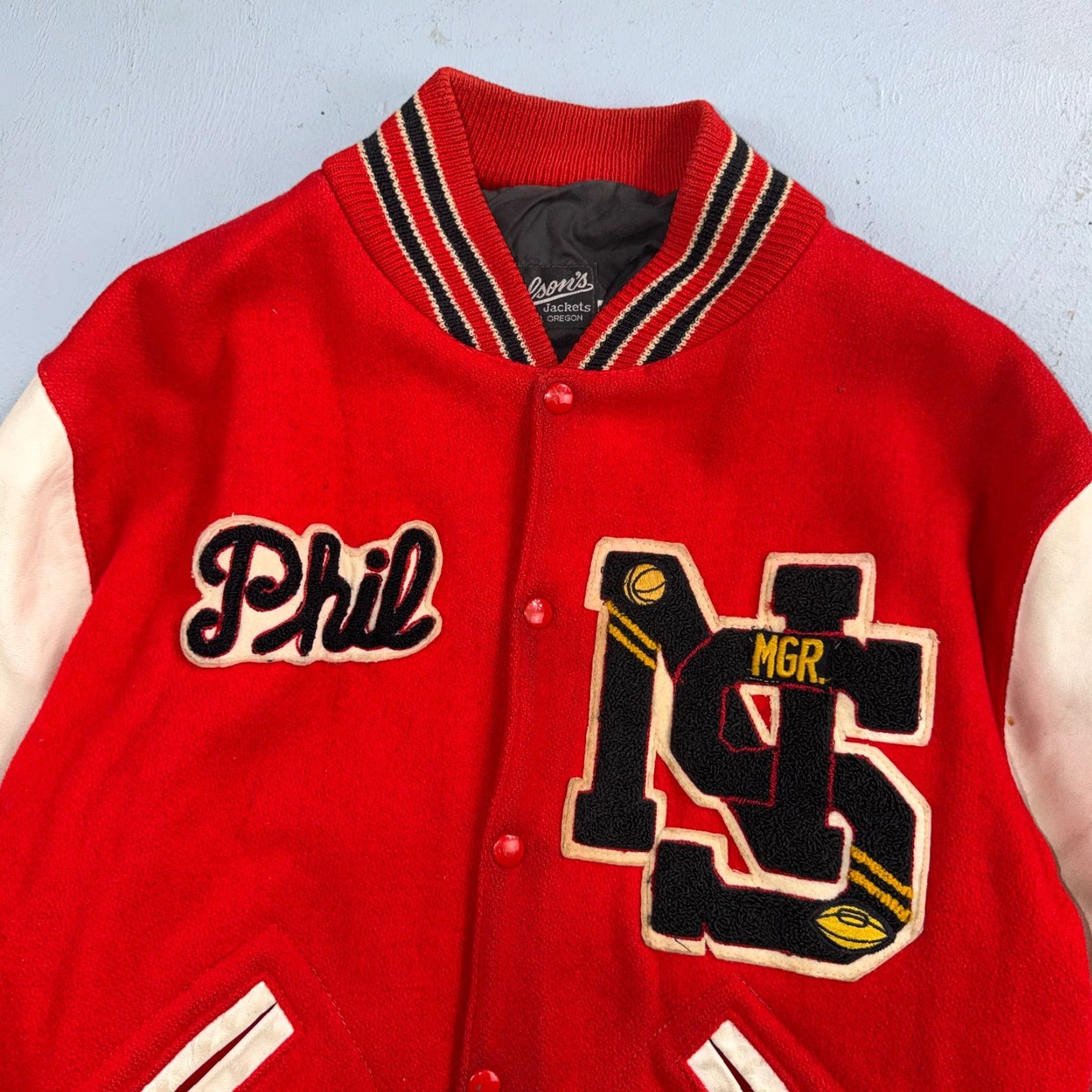 Vintage VTG Vintage Brand Nelson 70s Varsity Jacket Letterman USA Made Leather Collegiate 44 Red Phil Size US S / EU 44-46 / 1 - 2 Thumbnail
