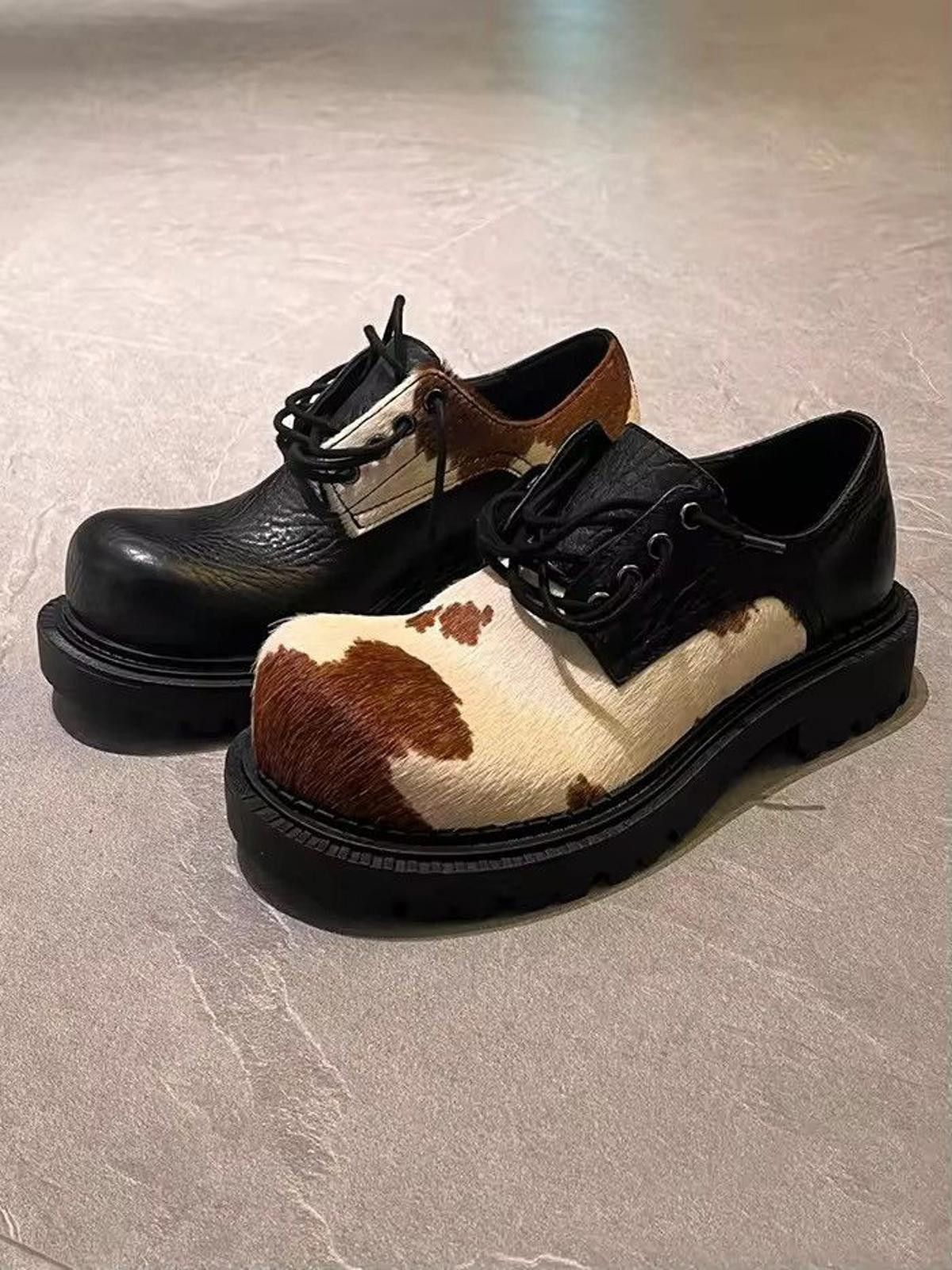 Unique Cow Print And Black Leather Chunky Shoes, Men's (Size 8)