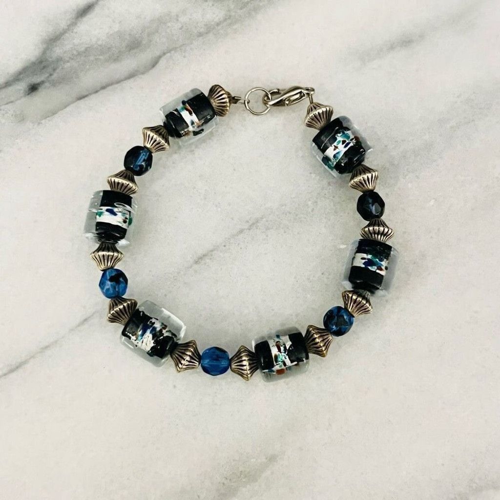 Jewelry Art Glass Beaded Bracelet Blue Silver Black Size ONE SIZE - 3 Thumbnail