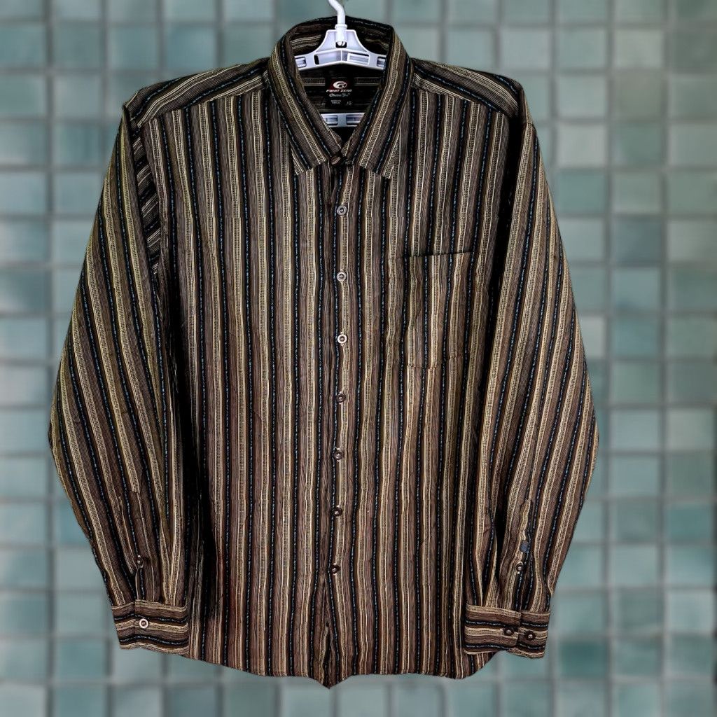 Point Zero Point Zero Classic Fit Button-Up Shirt Mens Size L Brown/Blue Striped Textured Collared Casual All Seasons Pockets Size US L / EU 52-54 / 3 - 1 Thumbnail