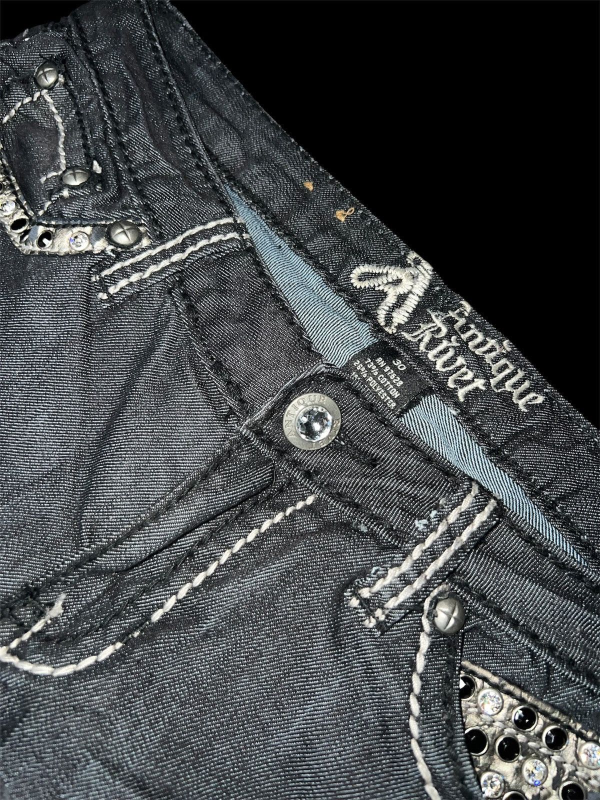 Japanese Brand Antique Rivet Crystal Studded Distressed Jeans Size US 30 / EU 46 - 3 Thumbnail