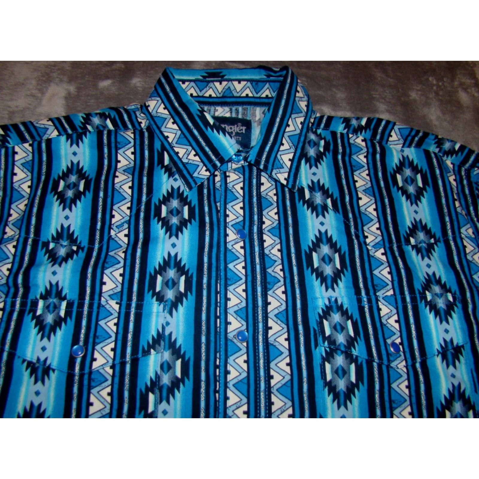 Wrangler Wrangler Shirt Mens Aztec Pearl Snap Western Long Sleeve M Blue Pockets Size US M / EU 48-50 / 2 - 4 Thumbnail
