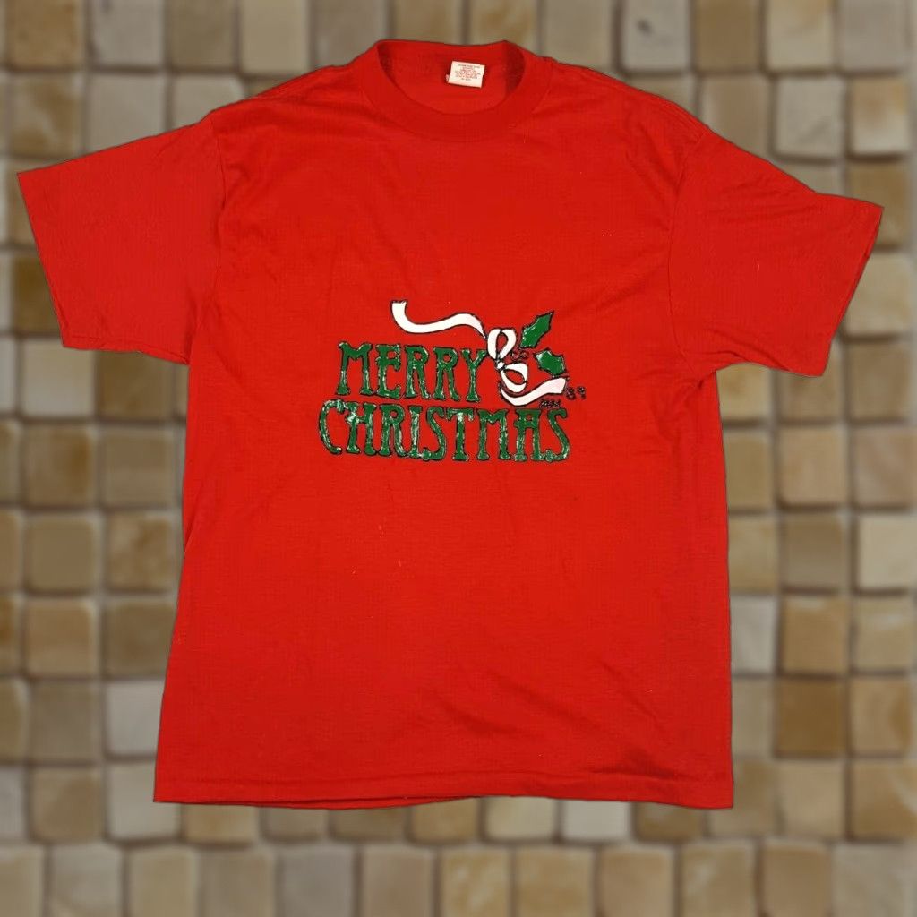 Etro VINTAGE Merry Christmas Men's L Red USA Made Holly Holiday Retro T Shirt Size US L / EU 52-54 / 3 - 1 Thumbnail