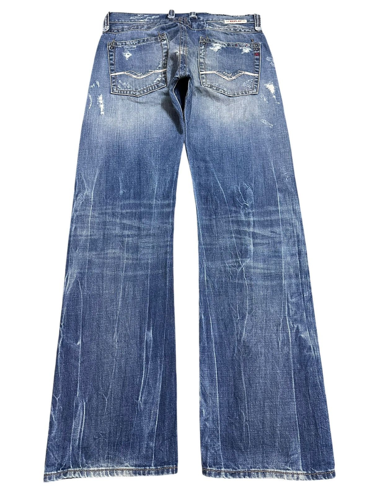 Designer Vintage Replay Blue Wash Style Distressed Loose Jeans Size US 33 - 2 Thumbnail