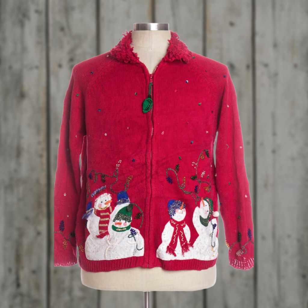 Gustin VINTAGE Austin Red Cardigan - Ramie / Cotton - Snowmen - Christmas - XS / S - Red - Cardigan - Women/Men - 1954 Size S / US 4 / IT 40 - 1 Preview