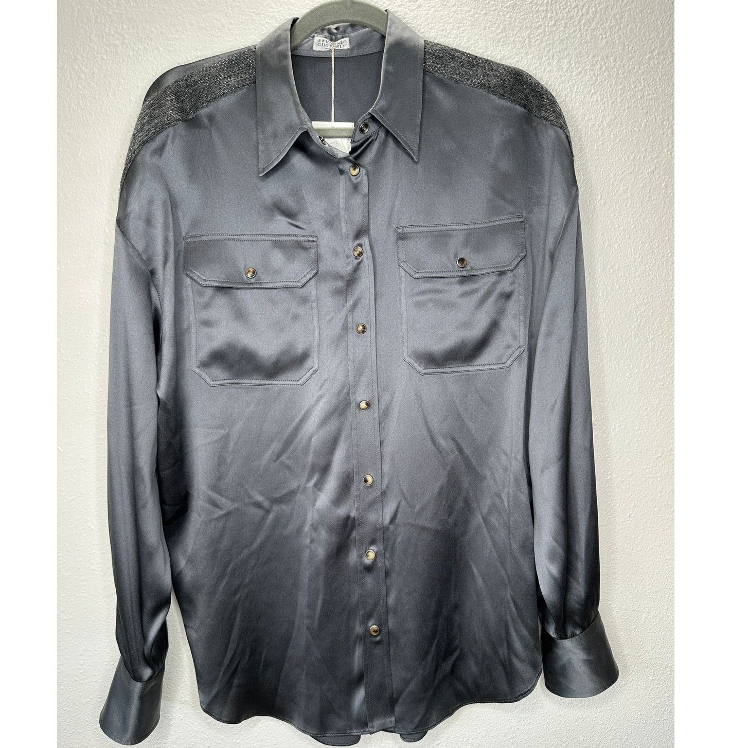 Brunello Cucinelli NWT Brunello Cucinelli Gray Silk Beaded Snap Shirt XL Size XL / US 12-14 / IT 48-50 - 2 Thumbnail