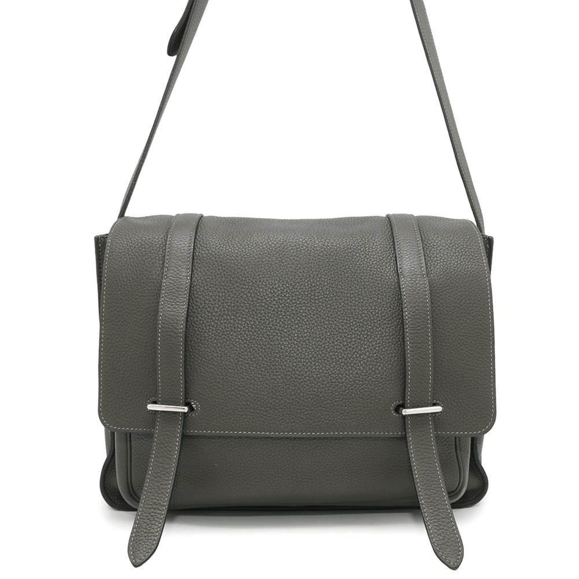 Hermes Shoulder Bag Steve Besace Grey Taurillon Clemence O Stamp, Women's