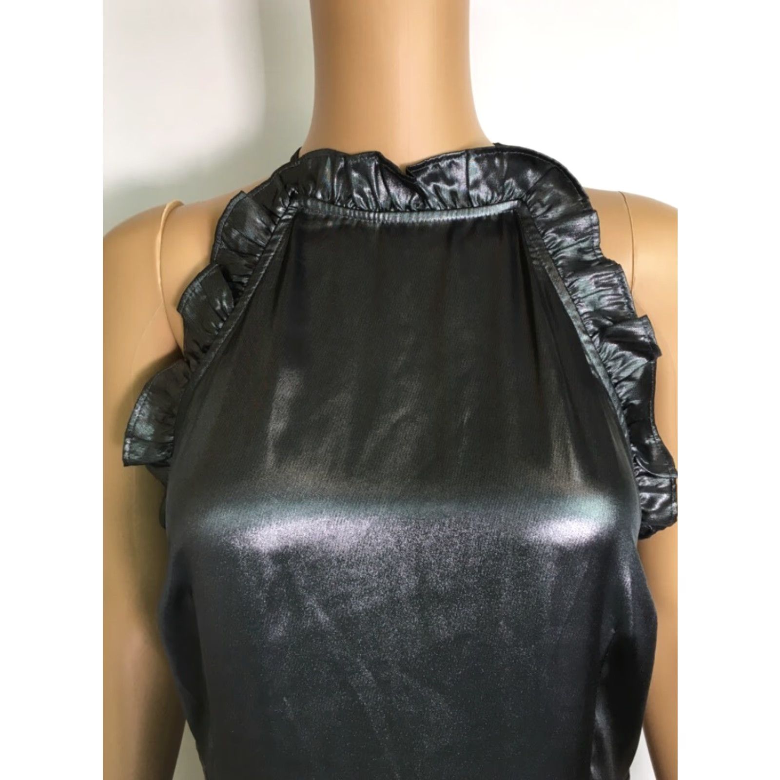 Vintage Who What Wear Womens Cocktail Dress Metallic Gunmetal Ruffle Sleeveless S New Midi Halter Zip 100% Polyester Solid Dress Womens Size S / US 4 / IT 40 - 2 Thumbnail