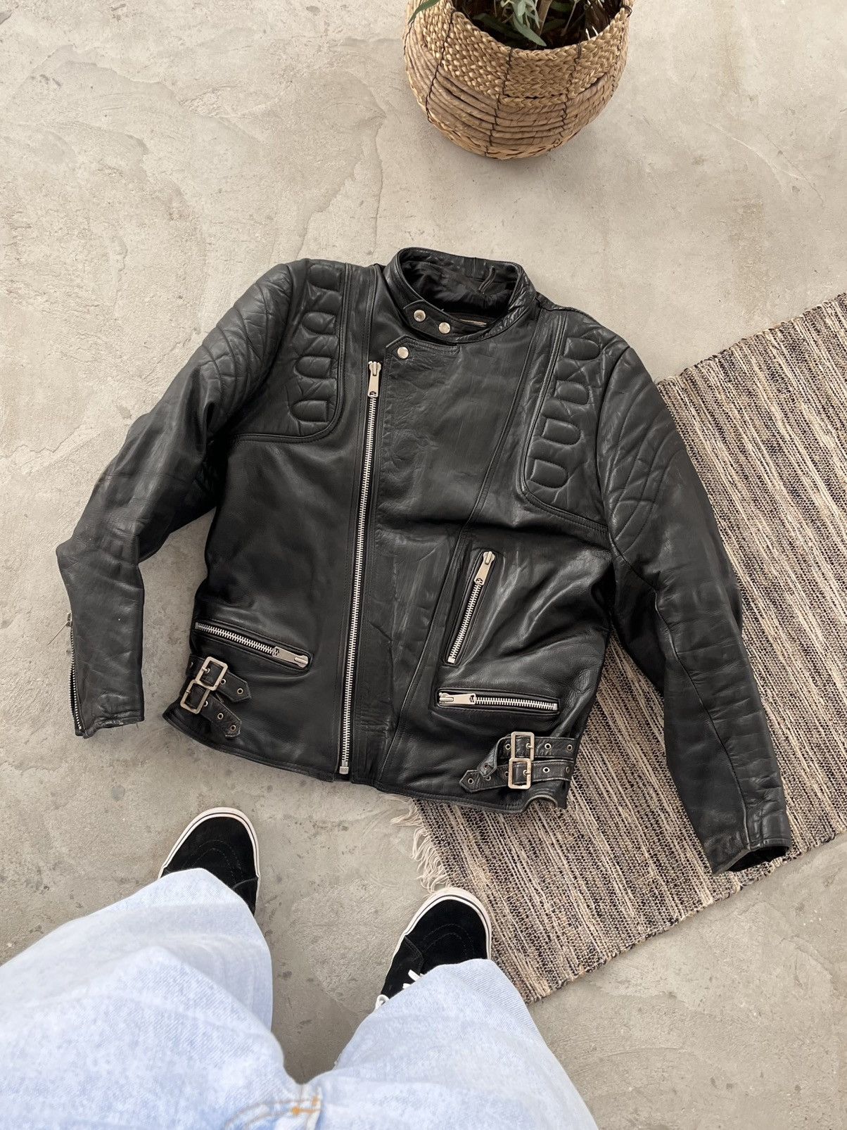 Genuine Leather Vintage Harley Davidson style Faded Black Moto Bomber Jacket Size US L / EU 52-54 / 3 - 1 Thumbnail
