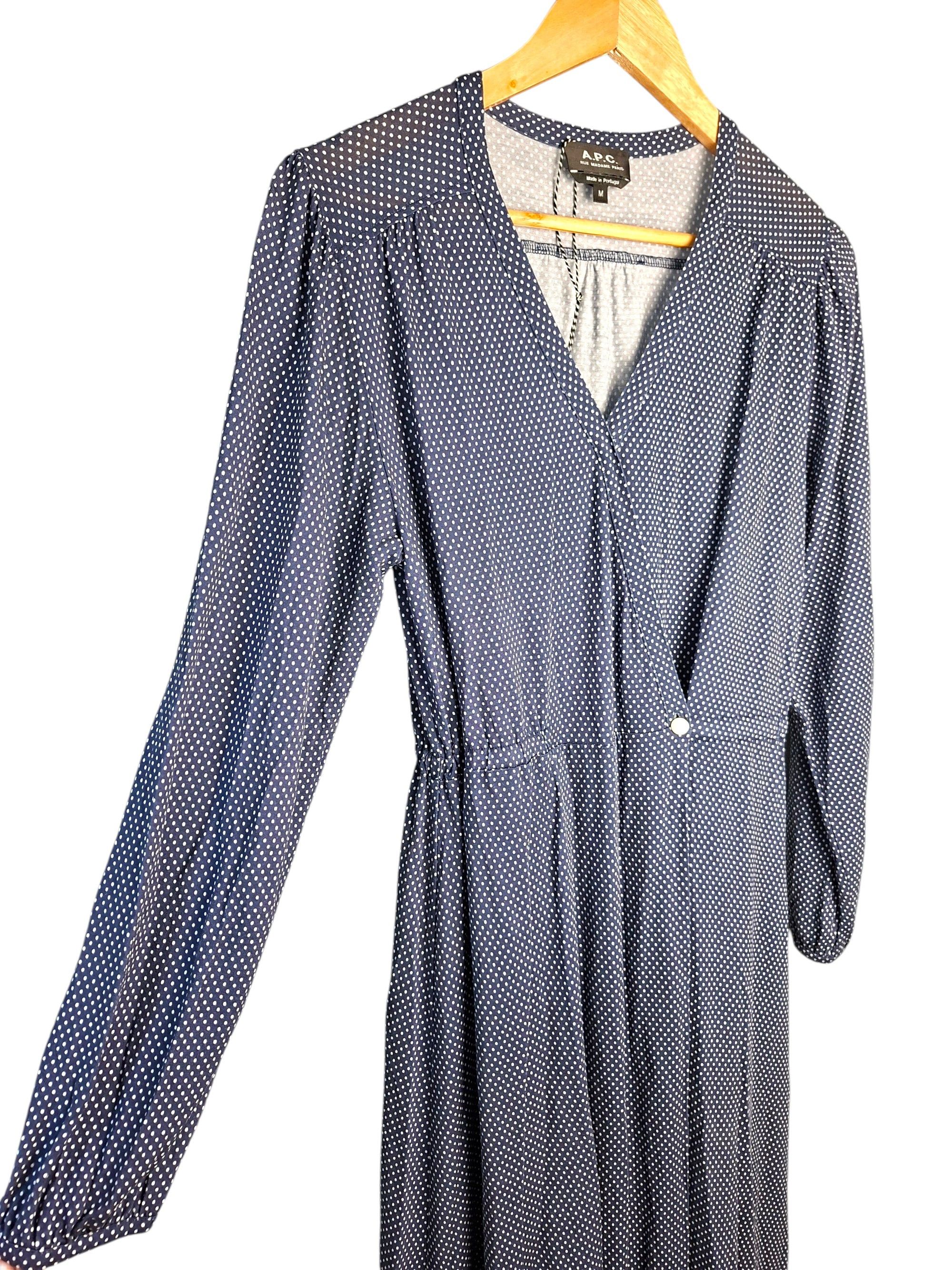 A.P.C. A.P.C. Navy Polka Dot Wrap Dress | Parisian Chic Midi Size M / US 6-8 / IT 42-44 - 2 Thumbnail