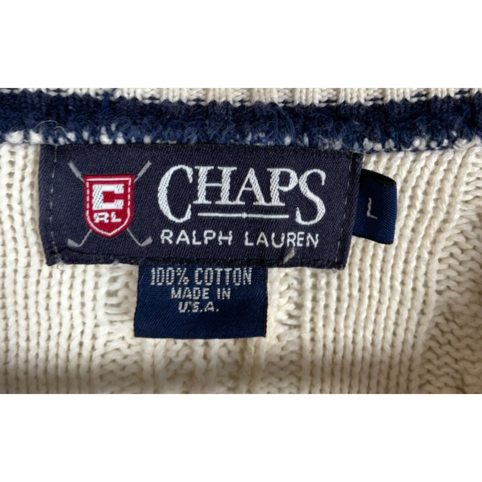 Chaps VINTAGE Chaps Ralph Lauren Tennis Sweater Men’s Large Ivory Cotton Cable Knit V-Neck Pullover Size US L / EU 52-54 / 3 - 3 Thumbnail