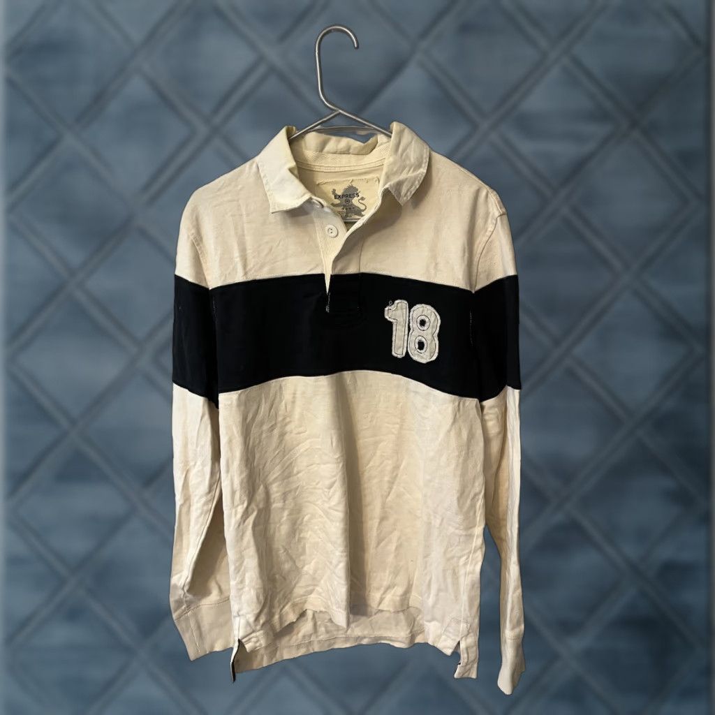 Express VINTAGE Express Rugby Shirt Mens M White Striped 100% Cotton Long Sleeve Collared Knit Heavyweight Embroidered Size US M / EU 48-50 / 2 - 1 Thumbnail