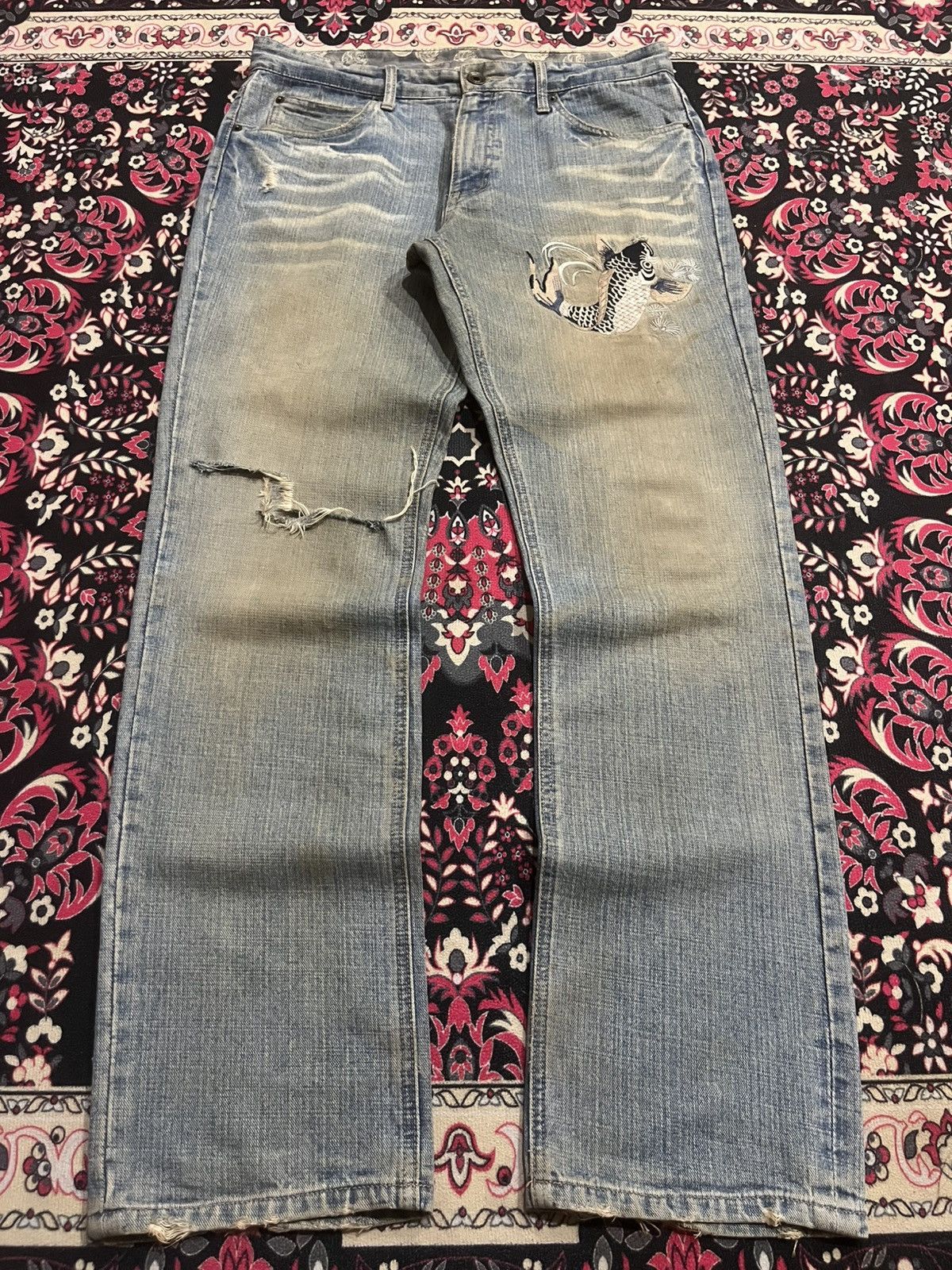 Karakuri Tamashii ⚡️Distressed⚡️Vintage Japanese Fish Koi Embroidery Mud Jeans Size US 34 / EU 50 - 1 Thumbnail