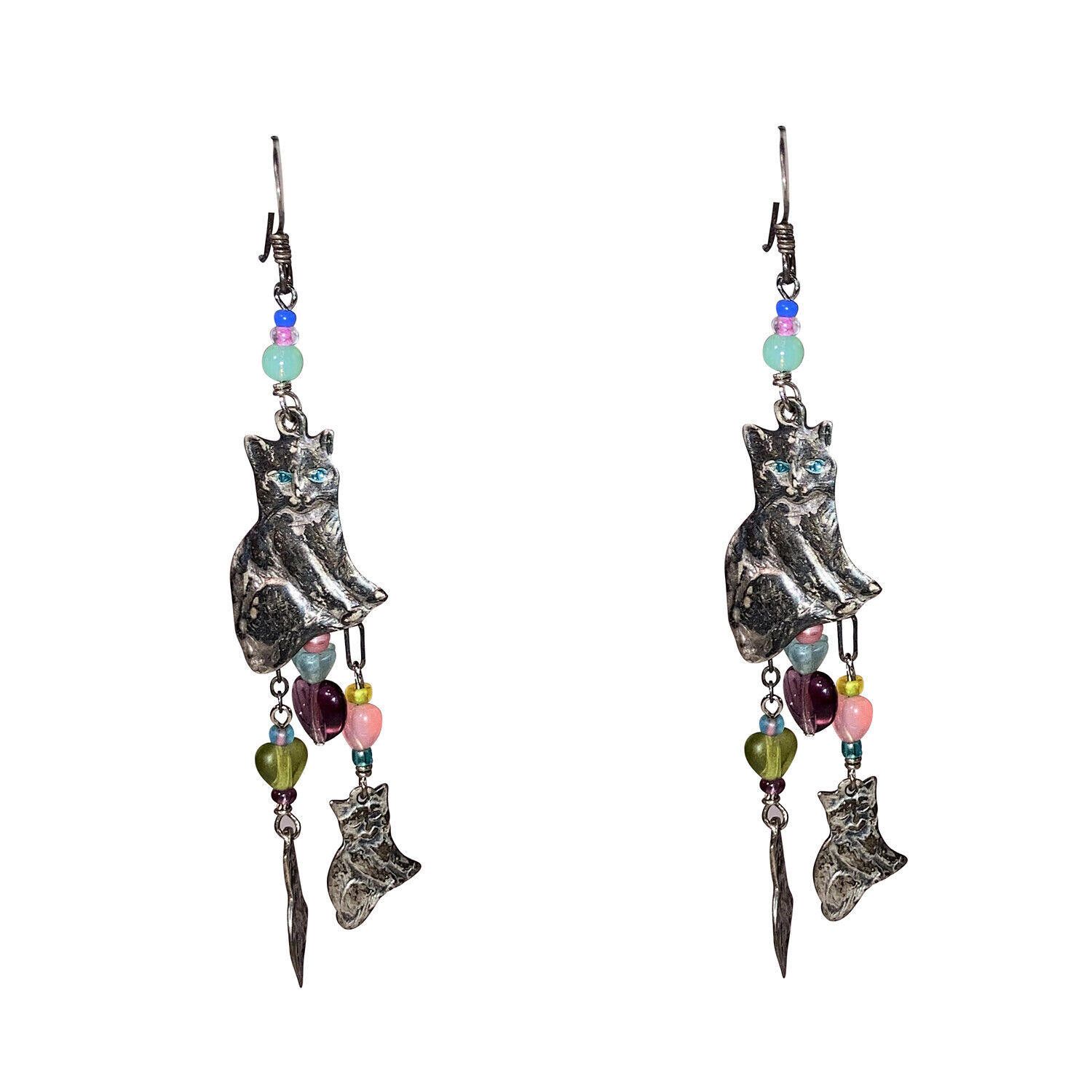 Designer Sterling Silver Artisan Kitty Cat Chandelier Earrings Size ONE SIZE - 2 Thumbnail