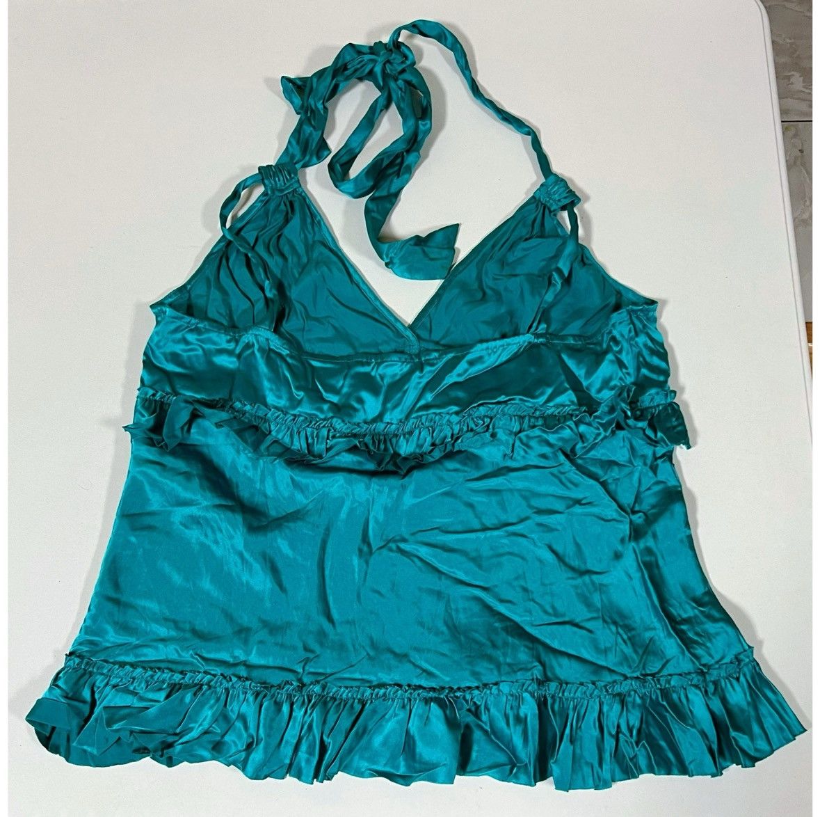 Bcbgmaxazria Teal Satin Ruffle Babydoll Y2K Tank Top Shirt Blouse Size L✨ Size L / US 10 / IT 46 - 3 Thumbnail