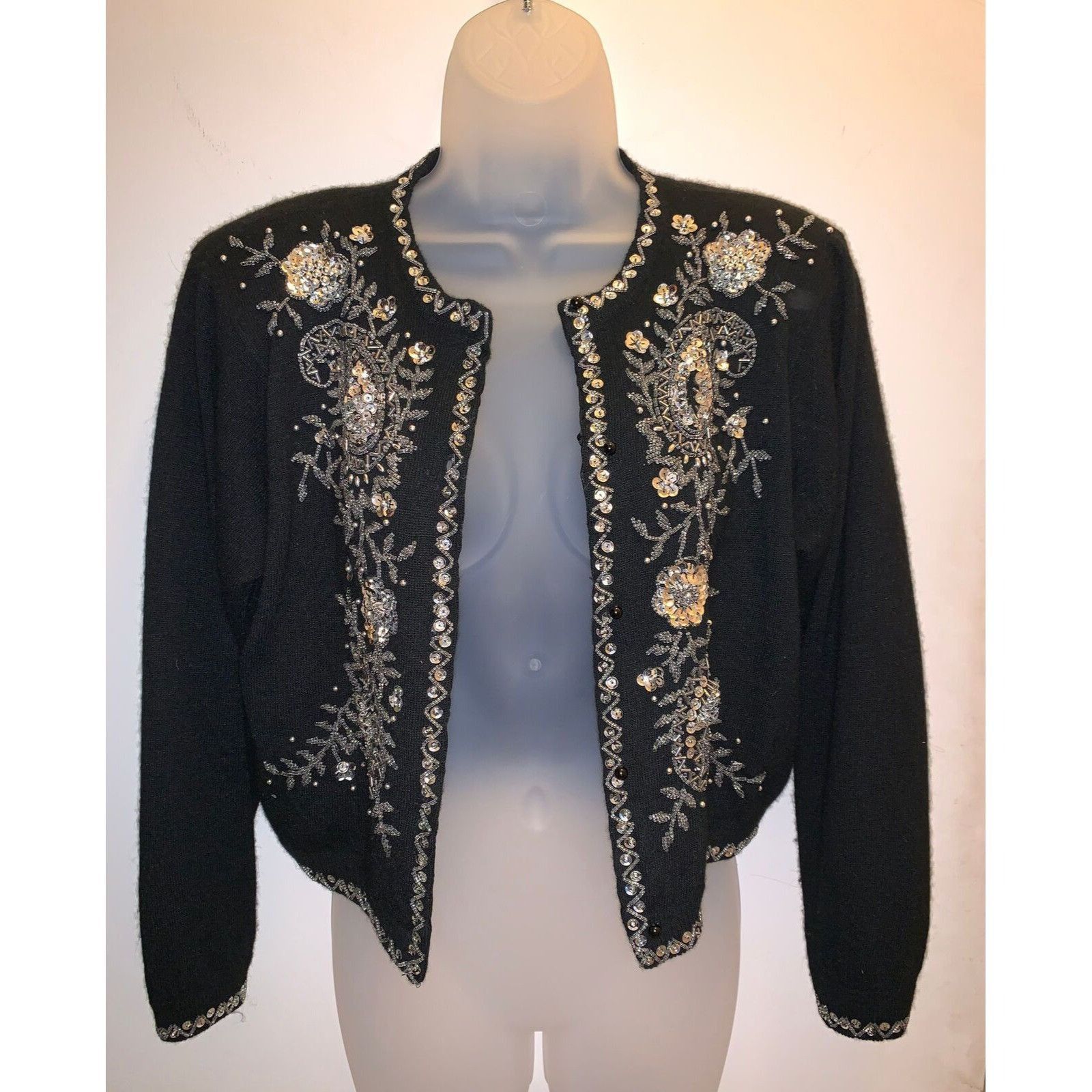 Express Vtg EXPRESS Hand Beaded Sequined Black Angora/Lambswool Card Size S / US 4 / IT 40 - 5 Thumbnail