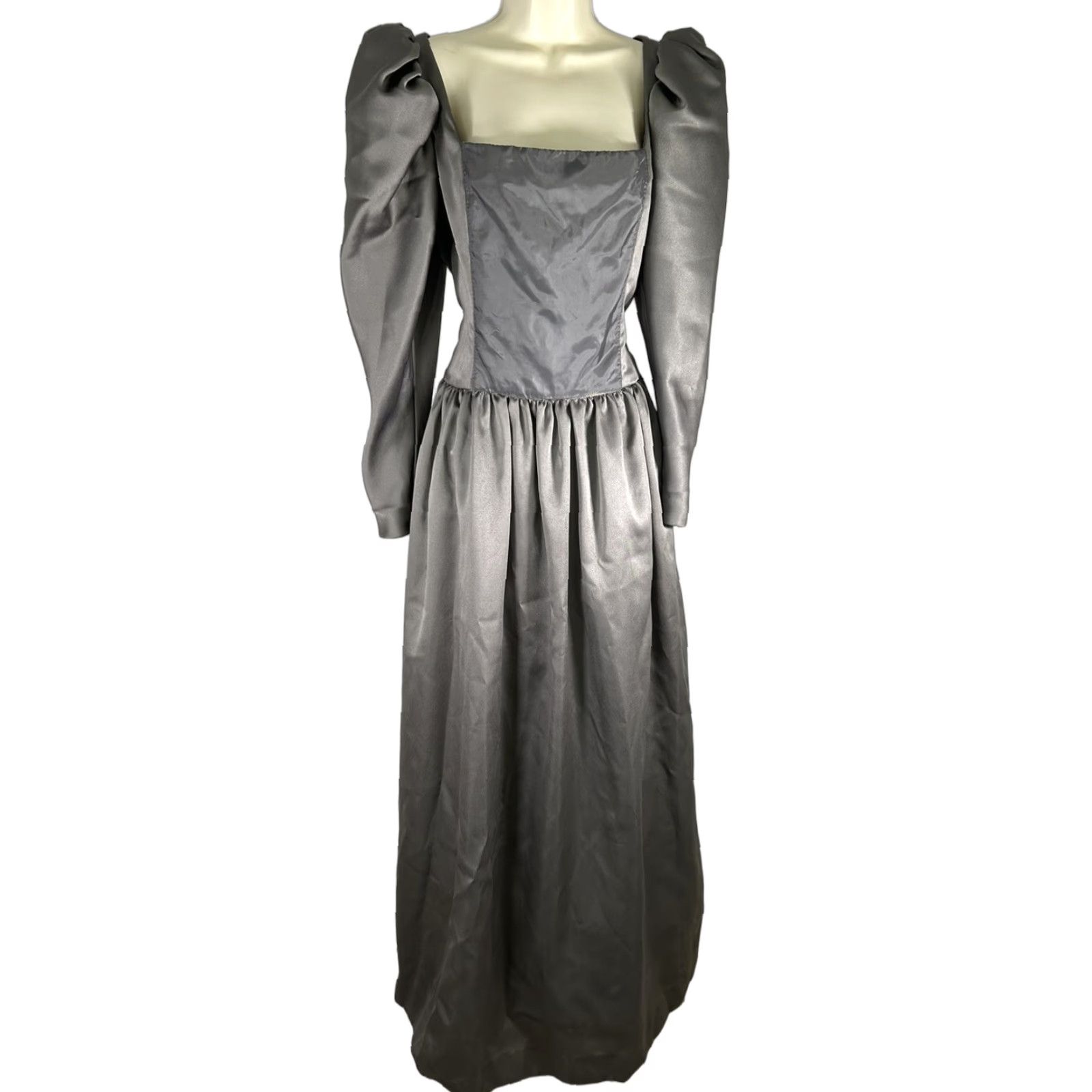 VINTAGE Victor Costa Ball Gown Poof Sleeve Square Neck A Line 12 Gray 1970s Womens