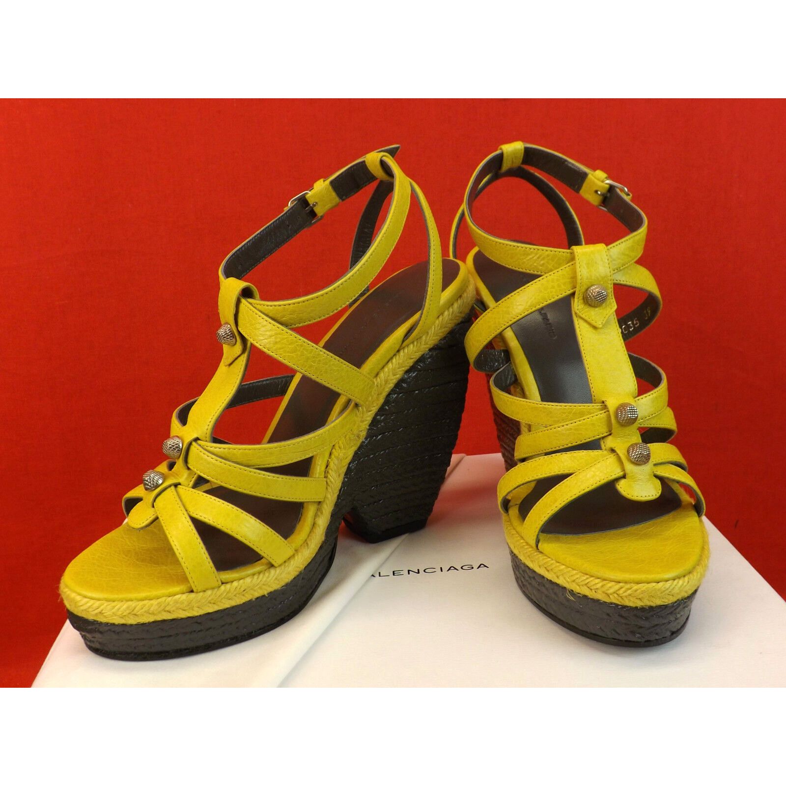 image of Balenciaga Arena Mustard Yellow Leather Wedge Studded Sandals 40 $745, Women's (Size 10)