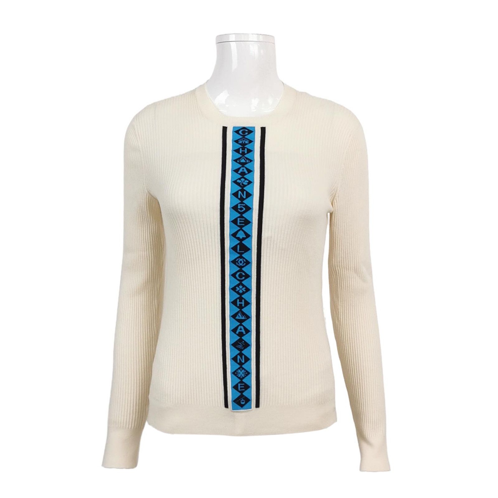 Chanel Chanel Cream Wool Blend Color-Block Crewneck Sweater Size S / US 4 / IT 40 - 1 Thumbnail