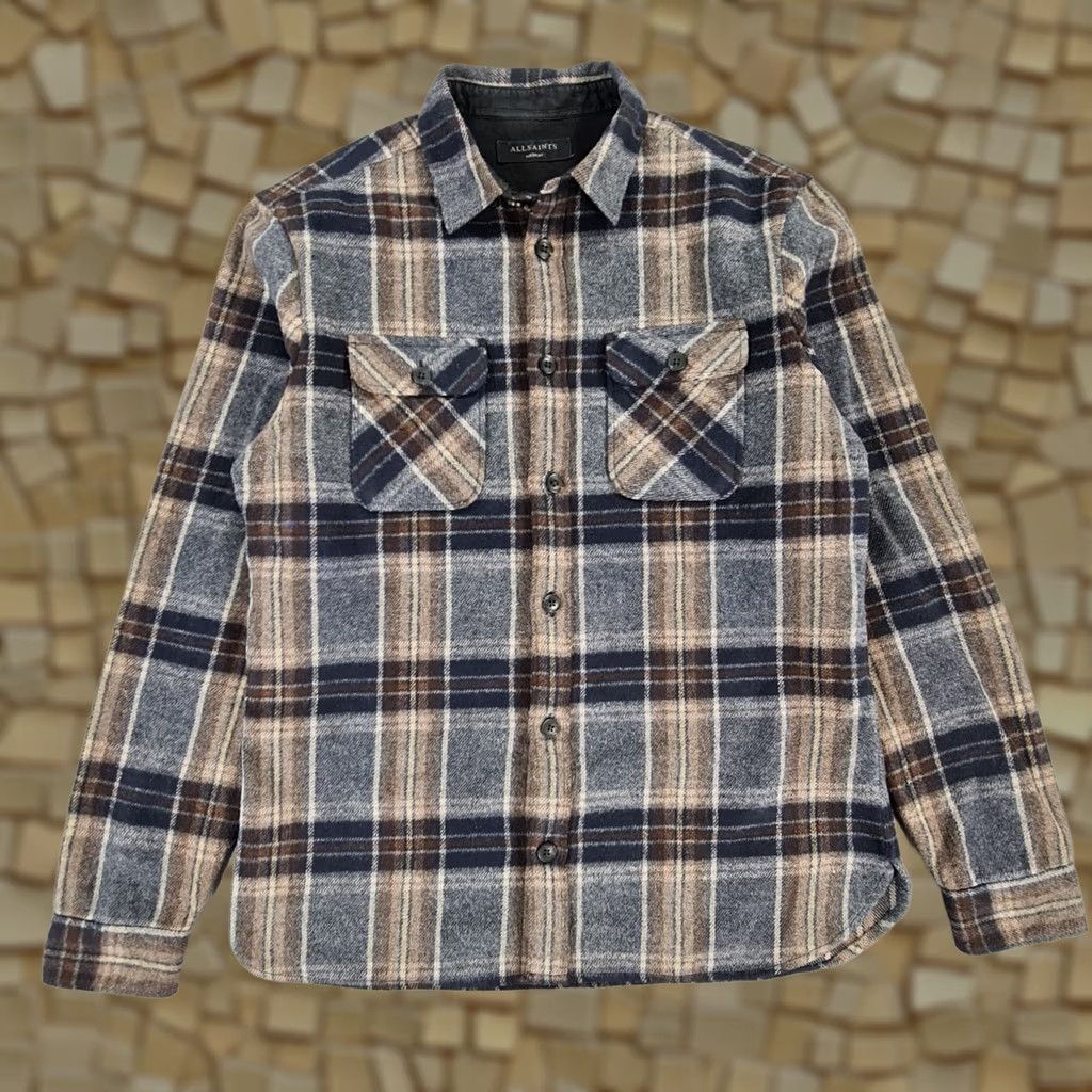 Allsaints AllSaints Mens Shirt Grey Brown Flannel Plaid Tartan Lansford M Medium Button-Up Pocketed Regular Fit Size US M / EU 48-50 / 2 - 1 Thumbnail