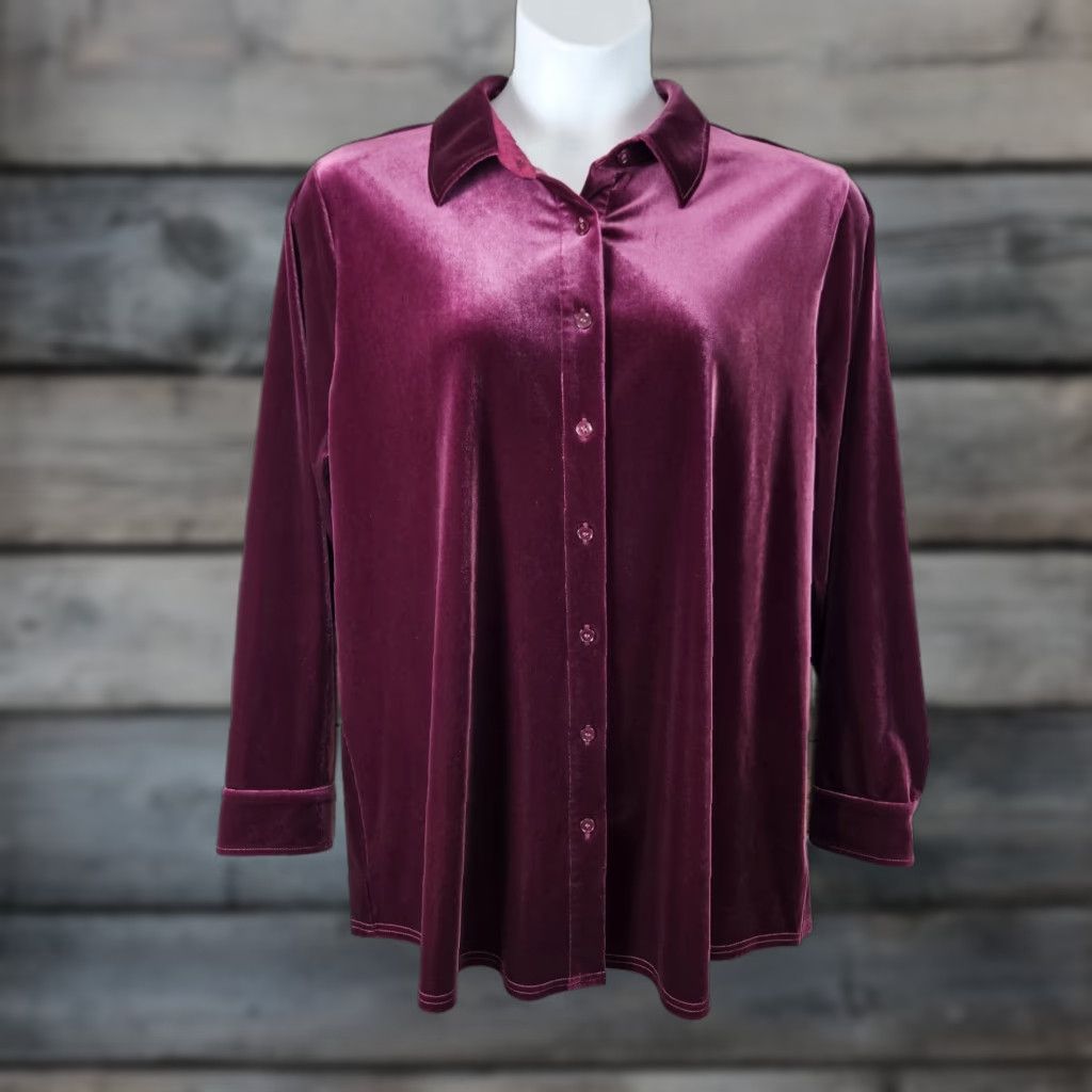 Soft Surroundings Soft Surroundings Velvet Button-Up Top Womens Sz 1X Dark Raspberry Long Sleeve Tunic Size XL / US 12-14 / IT 48-50 - 1 Thumbnail