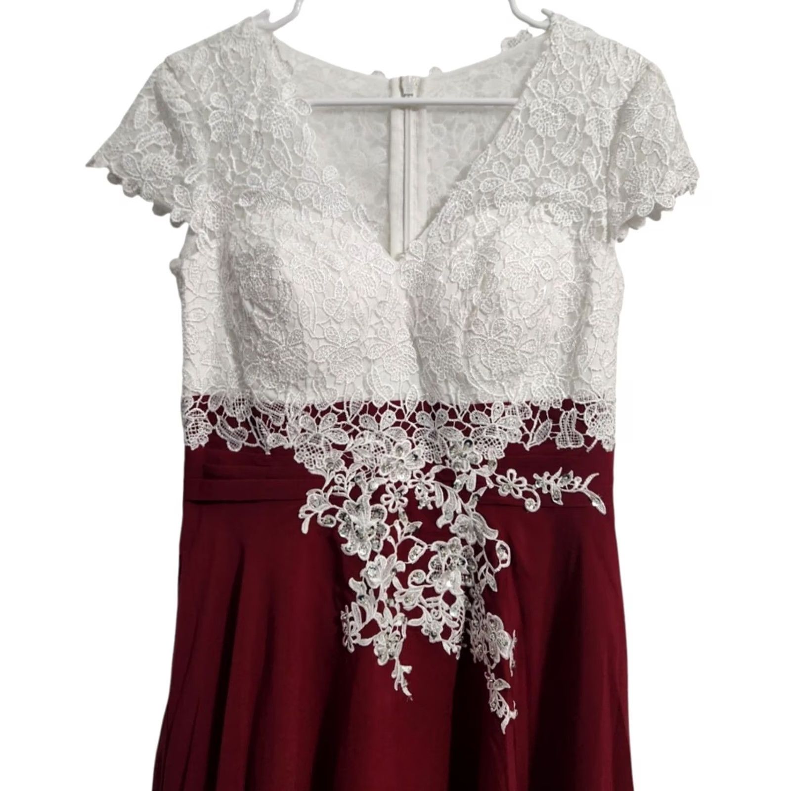 Vintage JJs House Womens 10 Floral Lace Dress Cap Sleeve V-Neck Burgundy White Beaded Dress Size L / US 10 / IT 46 - 3 Thumbnail