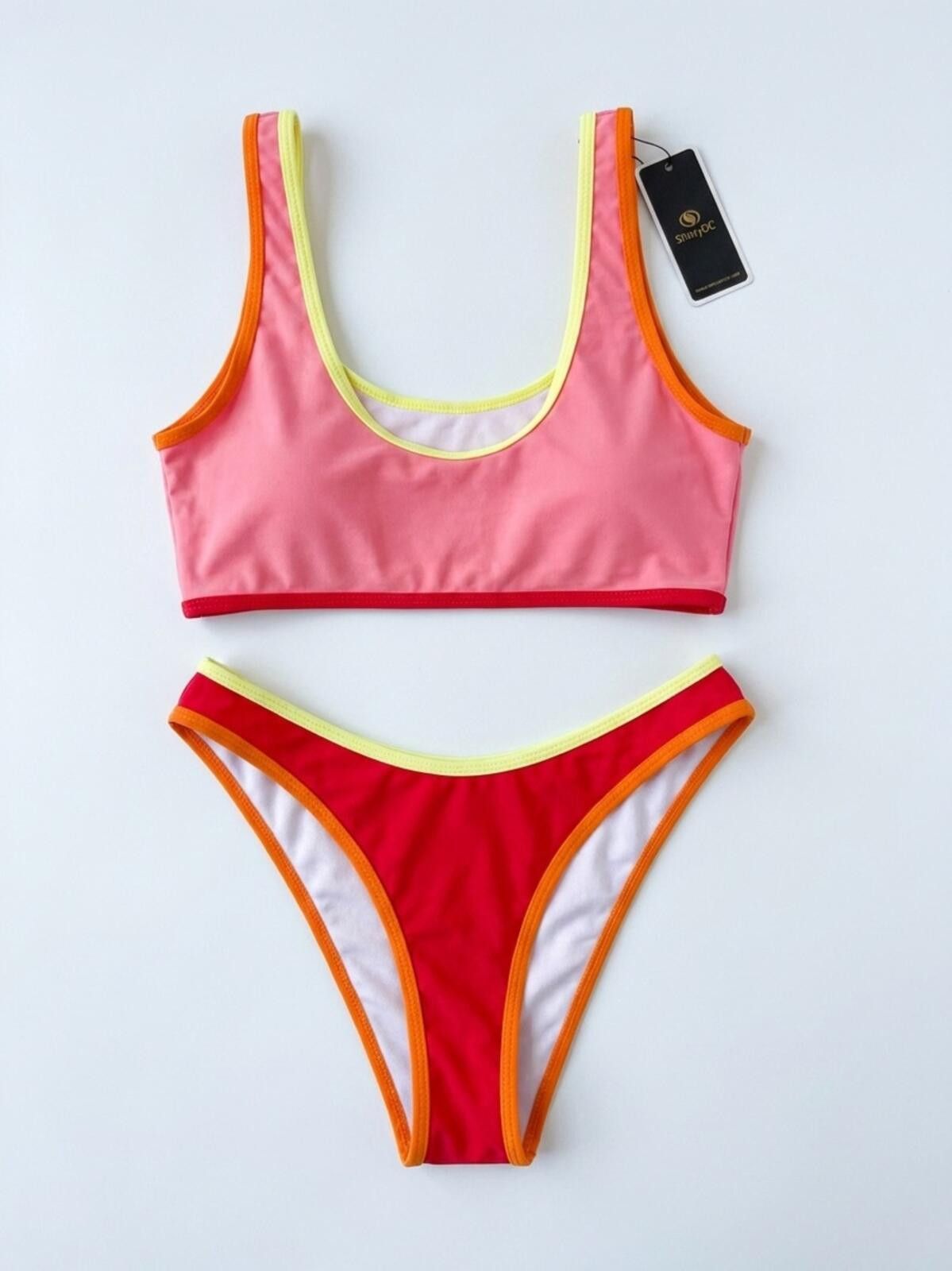 Holland & Sherry Color-Block Pink & Red Bikini with Neon Trim Size ONE SIZE - 1 Thumbnail