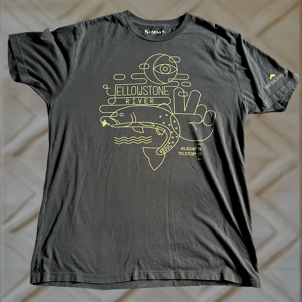 Vintage Simms Short Sleeve Crew Neck T-Shirt Men Large Cotton Blend Yellowstone River Black Graphic Print outdoor Mens Size US L / EU 52-54 / 3 - 1 Thumbnail