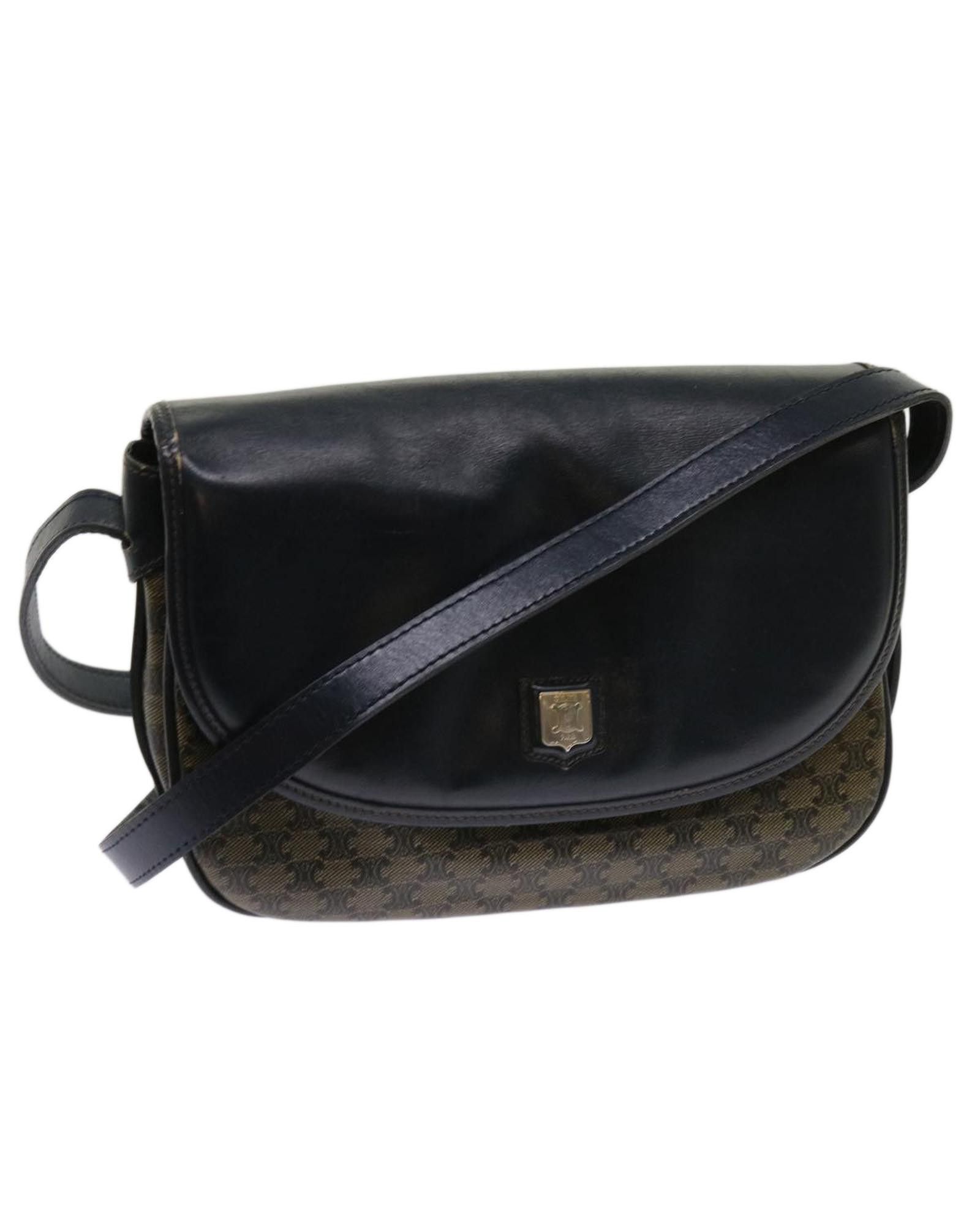 image of Celine Beige Navy Coated Canvas Shoulder Bag With Macadam Pattern, Women's