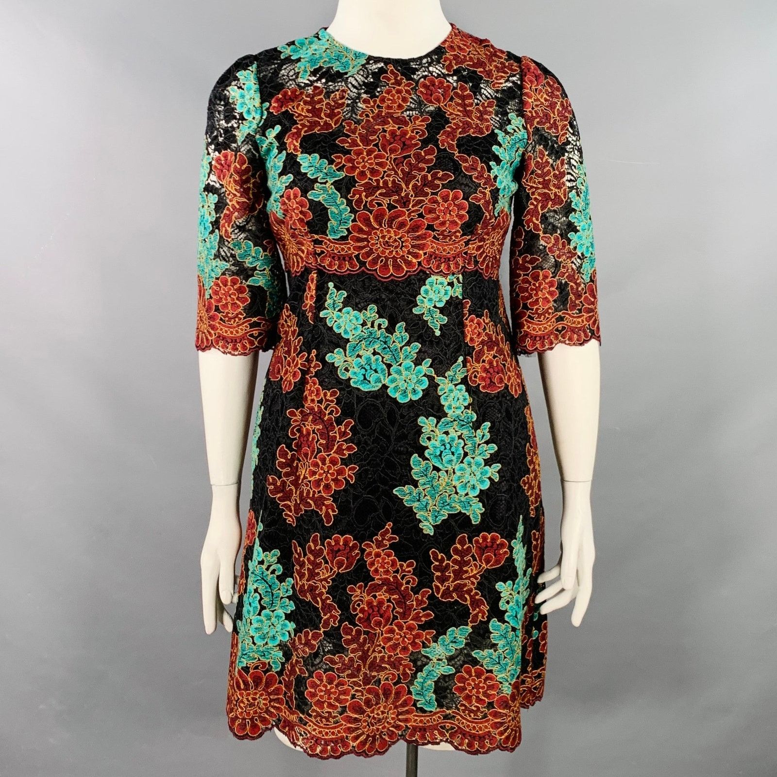 Dolce & Gabbana Black Green Brown Floral Lace 3/4 Sleeves Knee Length Dress Size L / US 10 / IT 46 - 1 Thumbnail