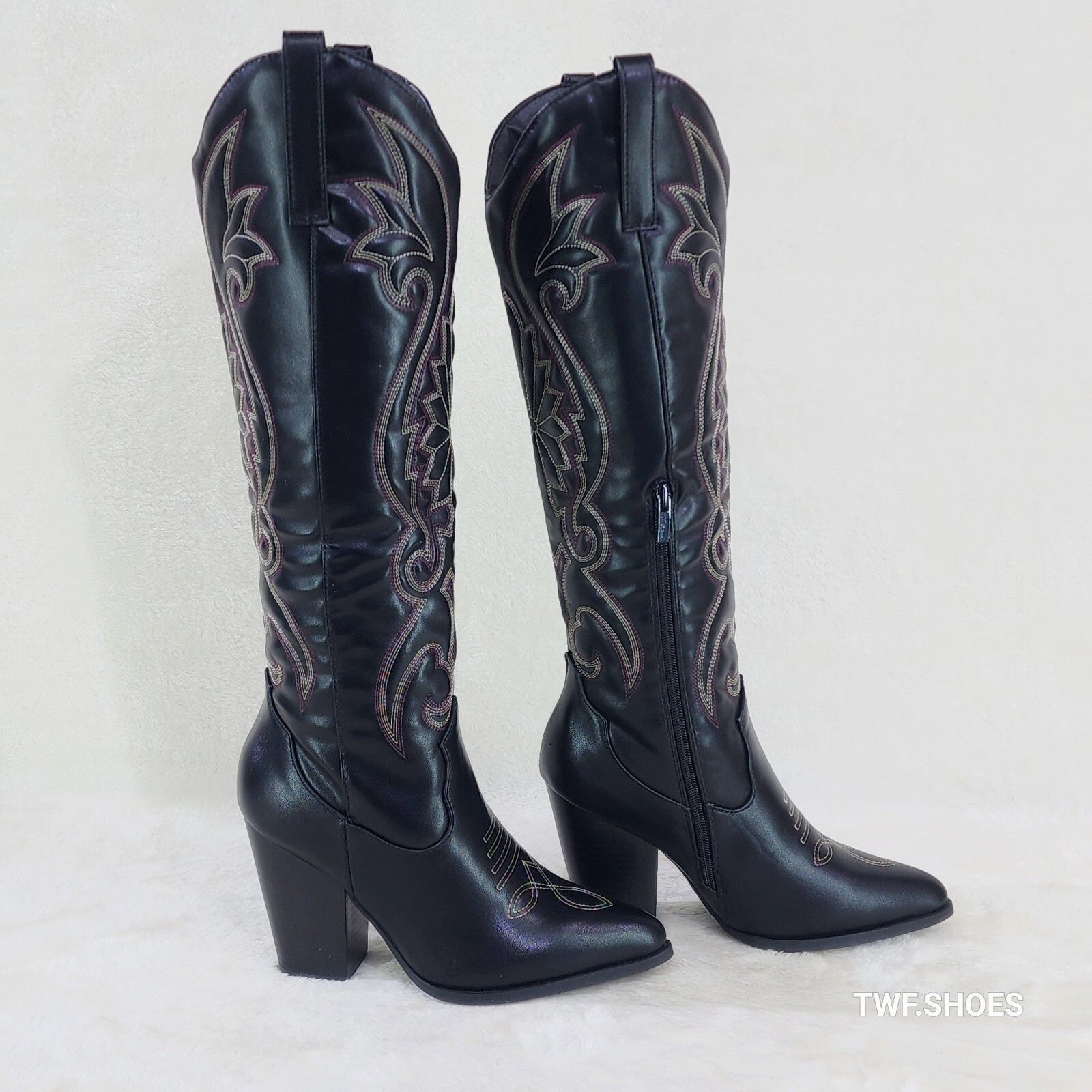 Other Ride On Black Country Western Cowgirl Knee Boots (US Shoe Si Size US 6.5 / IT 36.5 - 2 Thumbnail