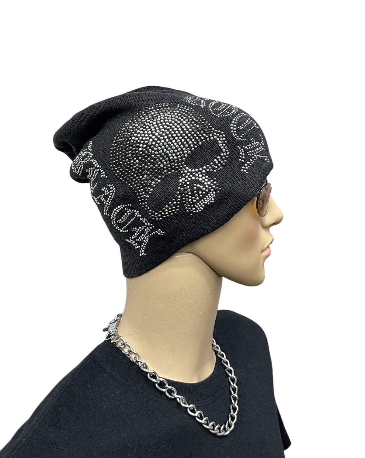 💀Vintage XFRM BLACK ROCK Punk Sparkling Skull Beanie