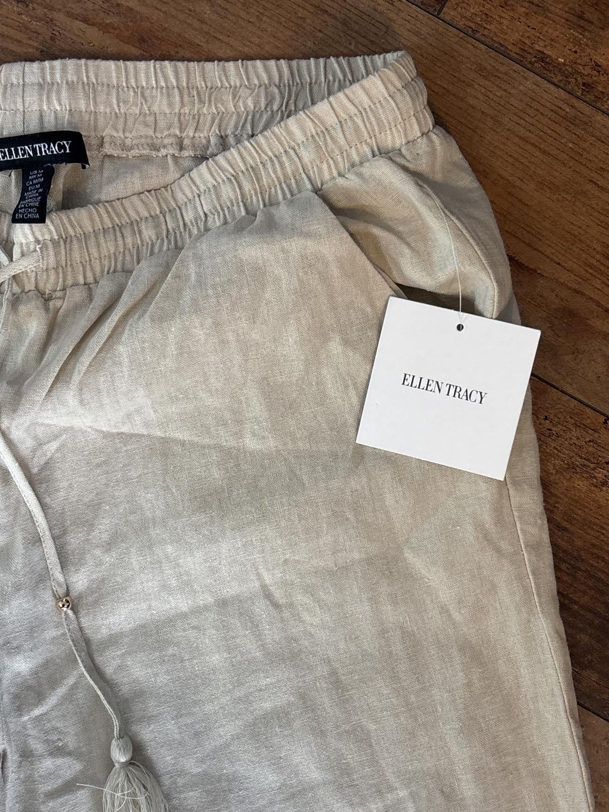 Other Ellen Tracy Beige Wide Leg Linen Pants with Drawstring Waist Size 32" / US 10 / IT 46 - 5 Thumbnail