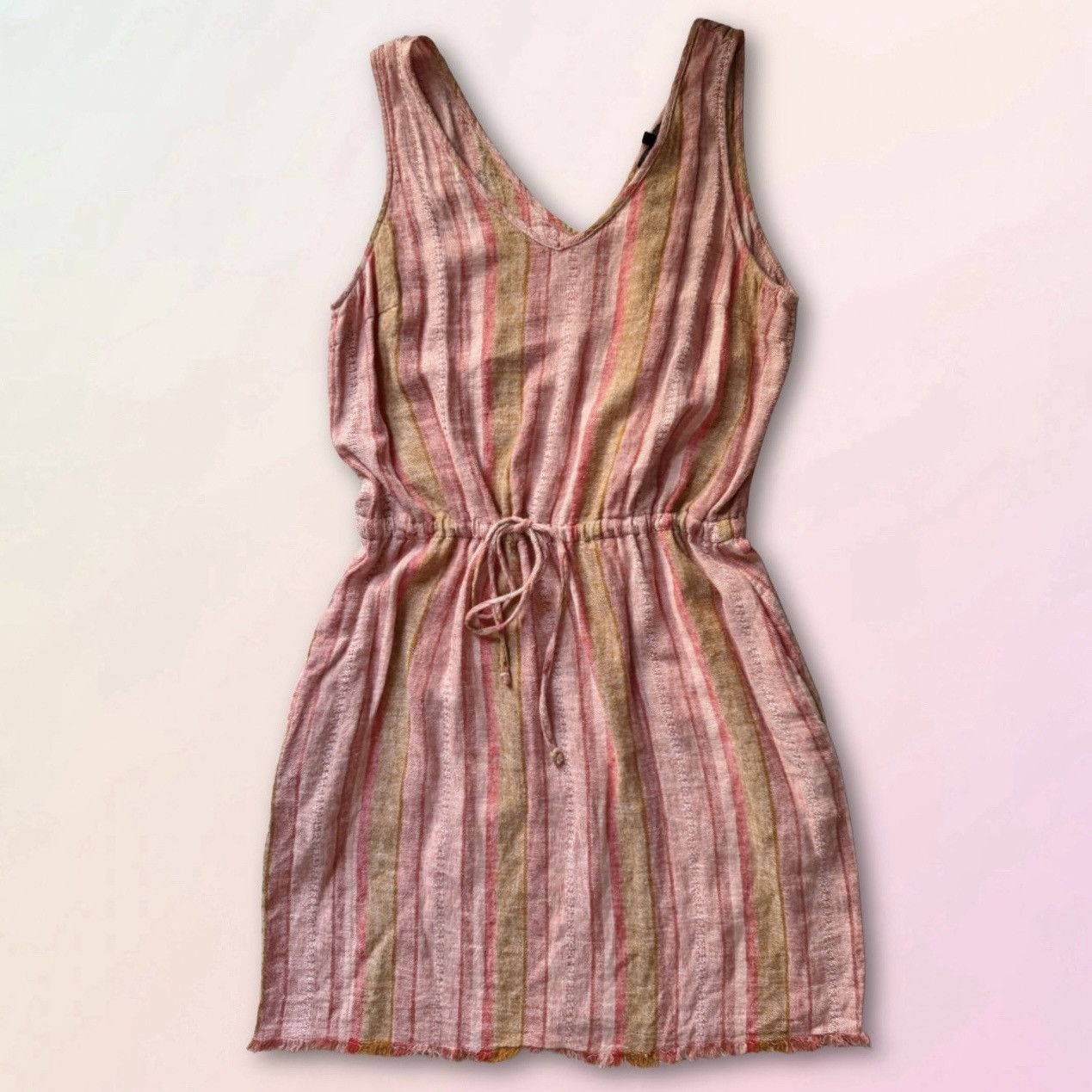 DREW Red Nat Dobby, Striped, Drawstring Linen Dress - qualityabacus.co.in