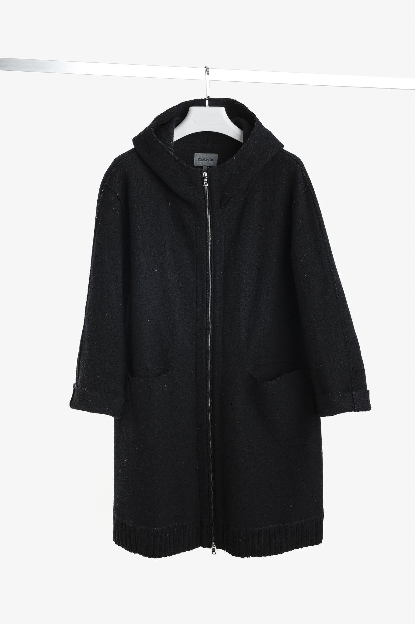Oska Black Boiled-Wool Knit-Hem Hooded Coat