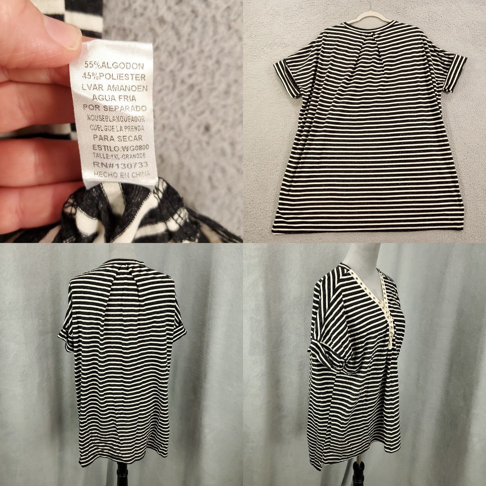 Vintage UMGEE Top Womens XL Black Ivory Striped Tunic Lace Up V-Neck Grommets Short Sleeve Bohemian Classic Nautical Tunic Shirt Womens XL Size XL / US 12-14 / IT 48-50 - 8 Thumbnail