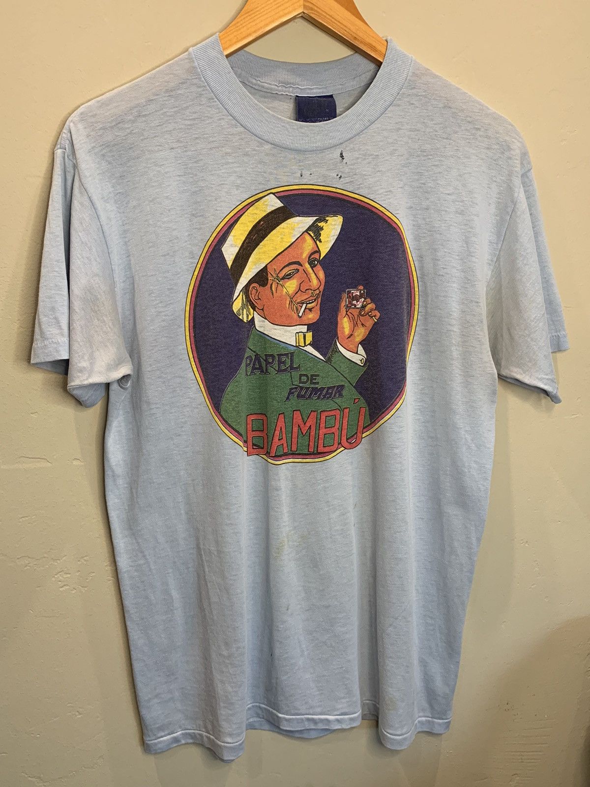 image of Art x Made In USA Vintage 70's Bambú Rolling Papers Single Stitch Shirt in Baby Blue (Size Large)