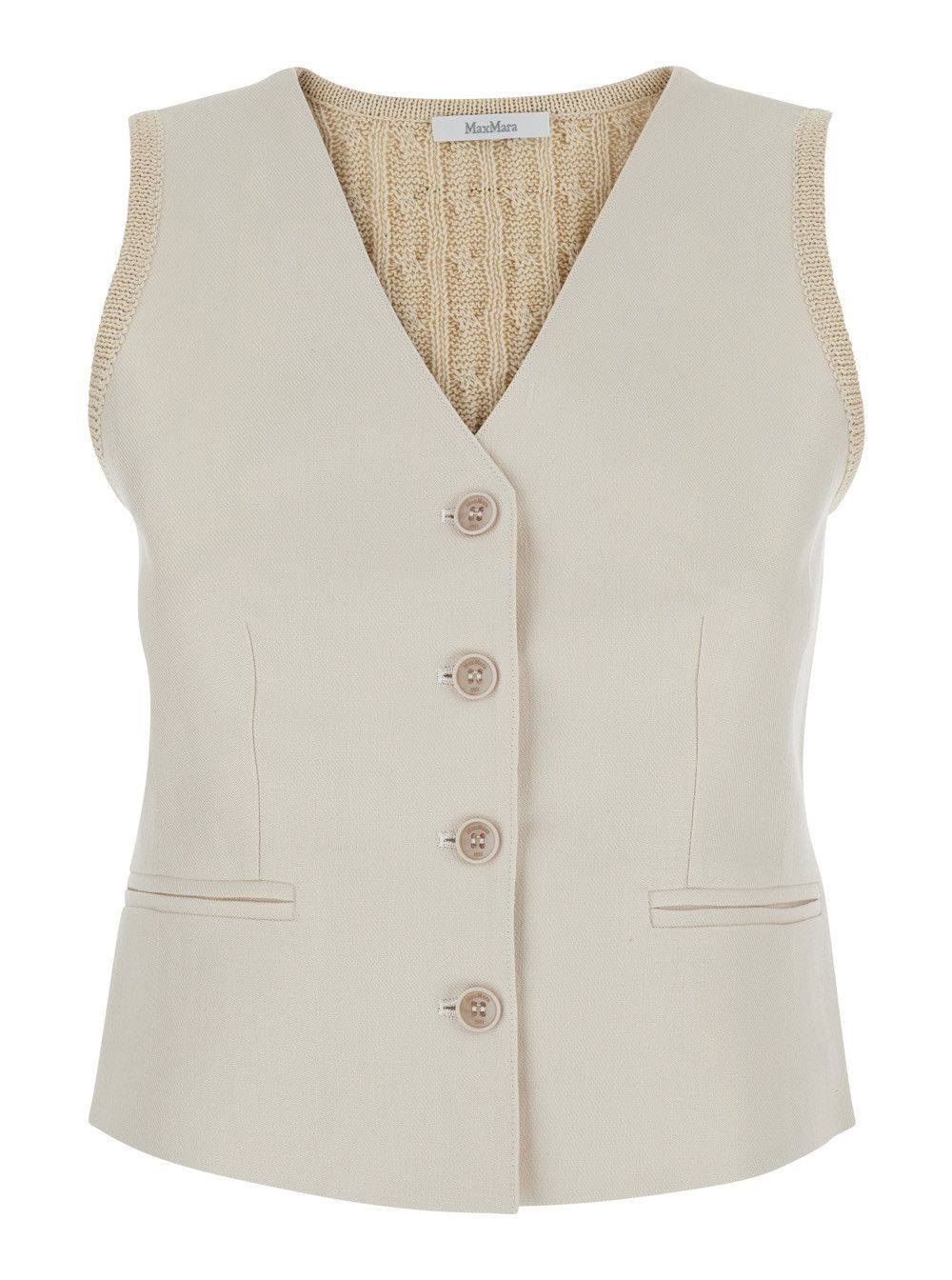 Max Mara Beige 'MXMCALIB' Vest with V-neck and cable knit on the back in linen for women Size S / US 4 / IT 40 - 1 Thumbnail