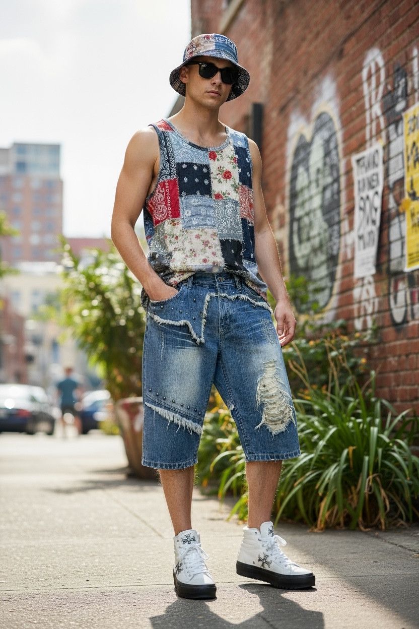 Fashion Victim 🔥Grunge Studded Frayed Spliced Piercing Ripped Denim Shorts Size US 32 / EU 48 - 2 Thumbnail