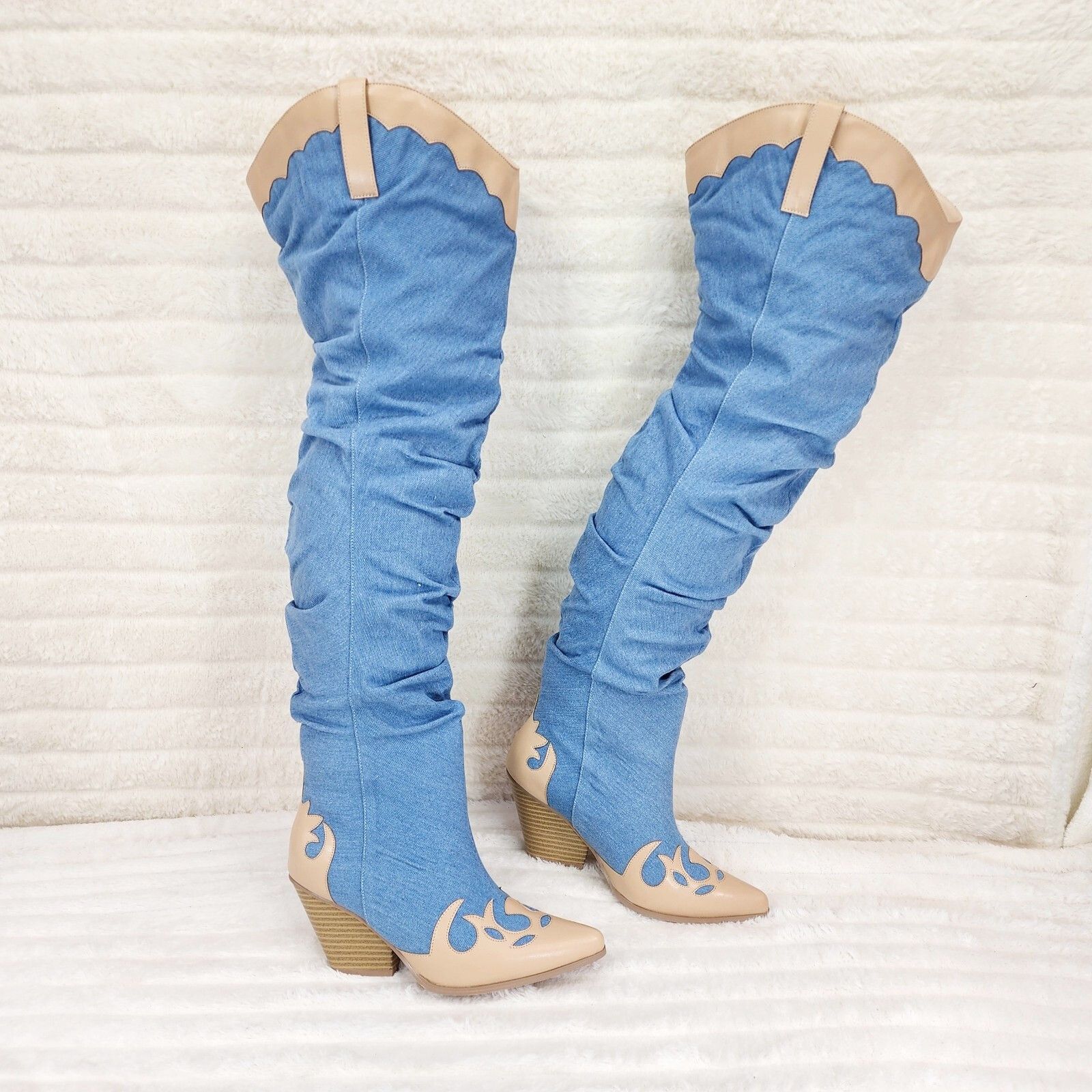 Other Western Denim OTK Thigh High Slouch Cowboy Boots (Size:7;) Size US 7 / IT 37 - 9 Thumbnail