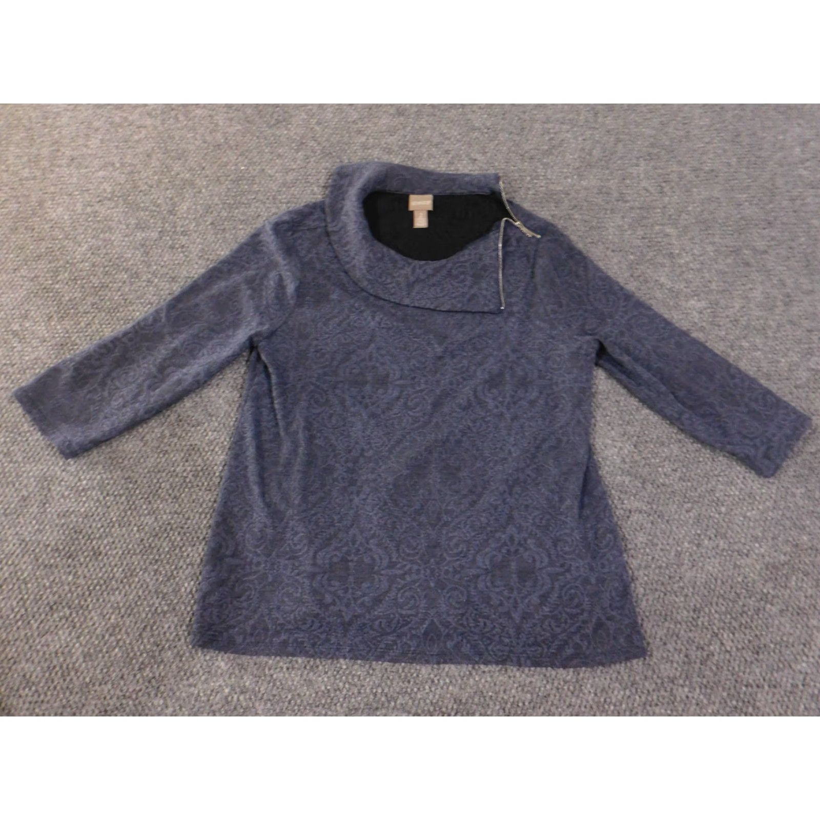 Vintage Chicos Sweater Women's 2 Navy Blue Textured Knit Zip Collar Pullover Long Sleeve Mock Neck Cozy Winter Fall Spring Size XS / US 0-2 / IT 36-38 - 2 Thumbnail