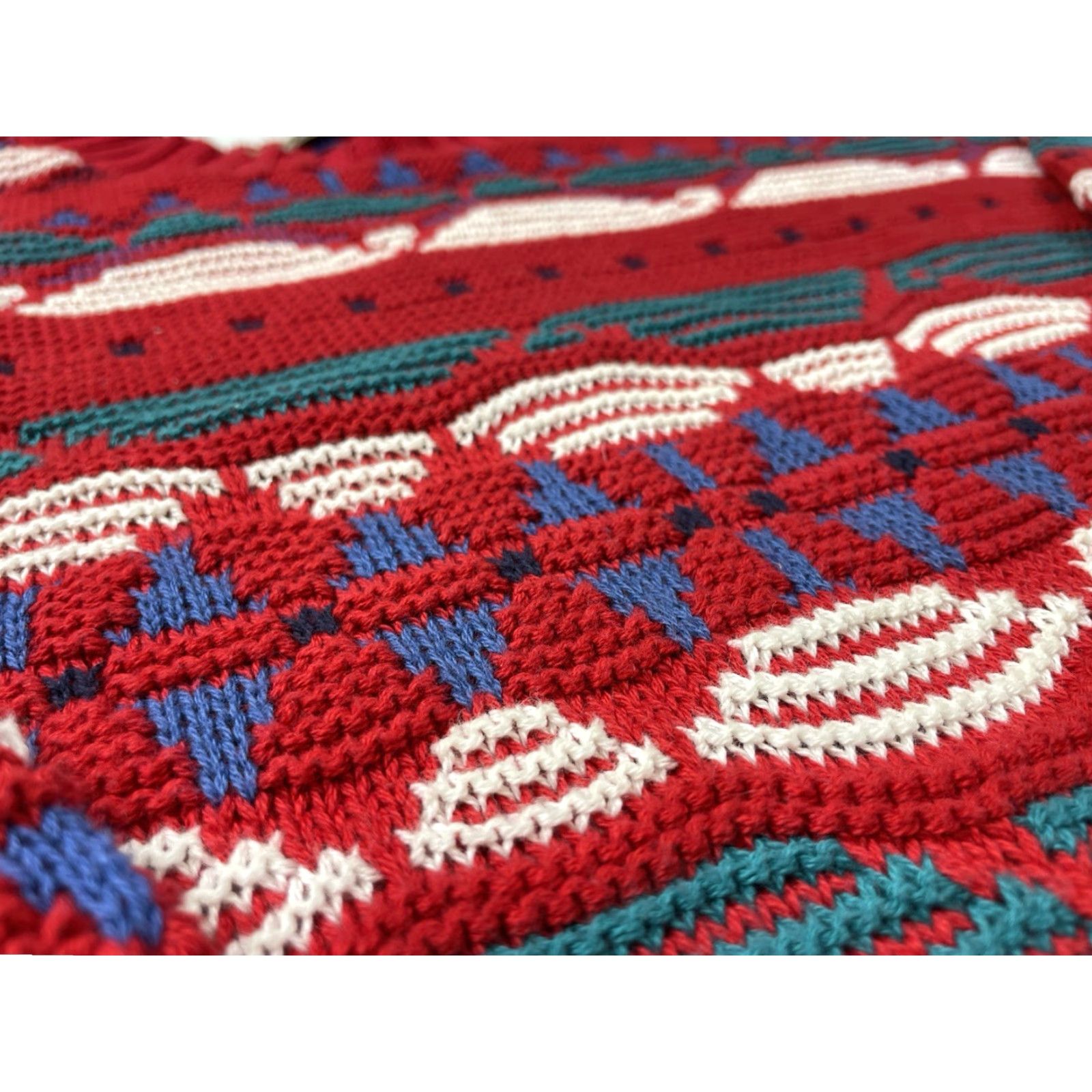 CO VINTAGE Portland Sweater Co Mens Large Sweater USA Made Textured Knit Grandpa Pullover Long Sleeve Red Geometric 90s Bohemian Classic USA Men Size US L / EU 52-54 / 3 - 3 Thumbnail