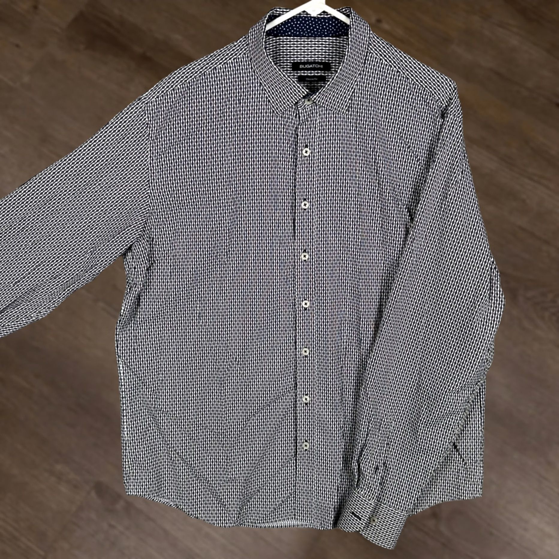 BUGATCHI Bugatchi Shirt Mens XL Blue White Classic Fit Button Up Geometric Stretch EUC Size US XL / EU 56 / 4 - 1 Thumbnail