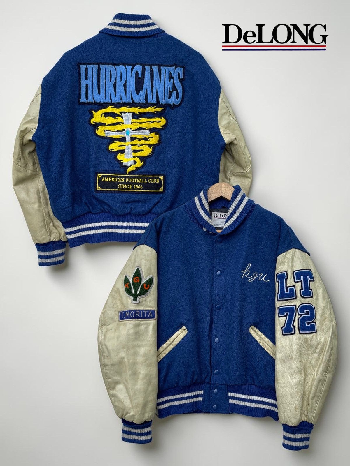 Delong 🔥Vintage 90's Delong USA Hurricanes Leather Sleeve Varsity Size US L / EU 52-54 / 3 - 1 Thumbnail