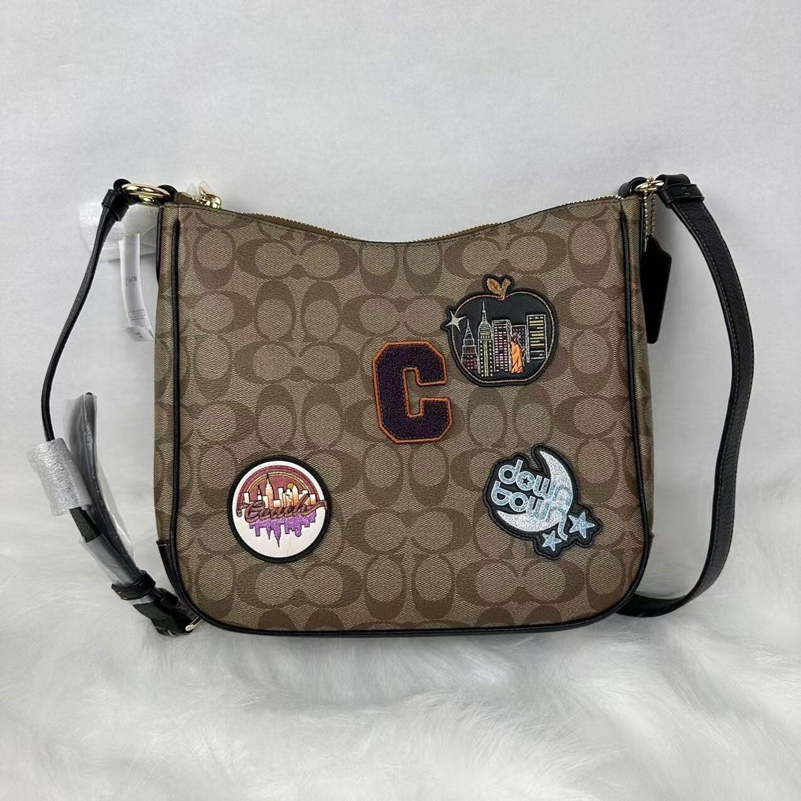Coach Ellie File Crossbody Bag In Sig Canvas Disco Patches in Brown, Women's