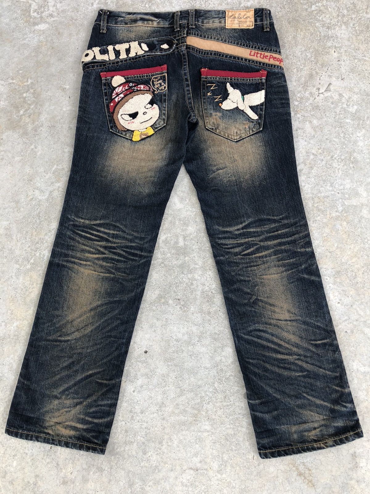 image of Designer Yoshitomo Nara Lolita Dog Distressed Jeans in Blue, Men's (Size 34)
