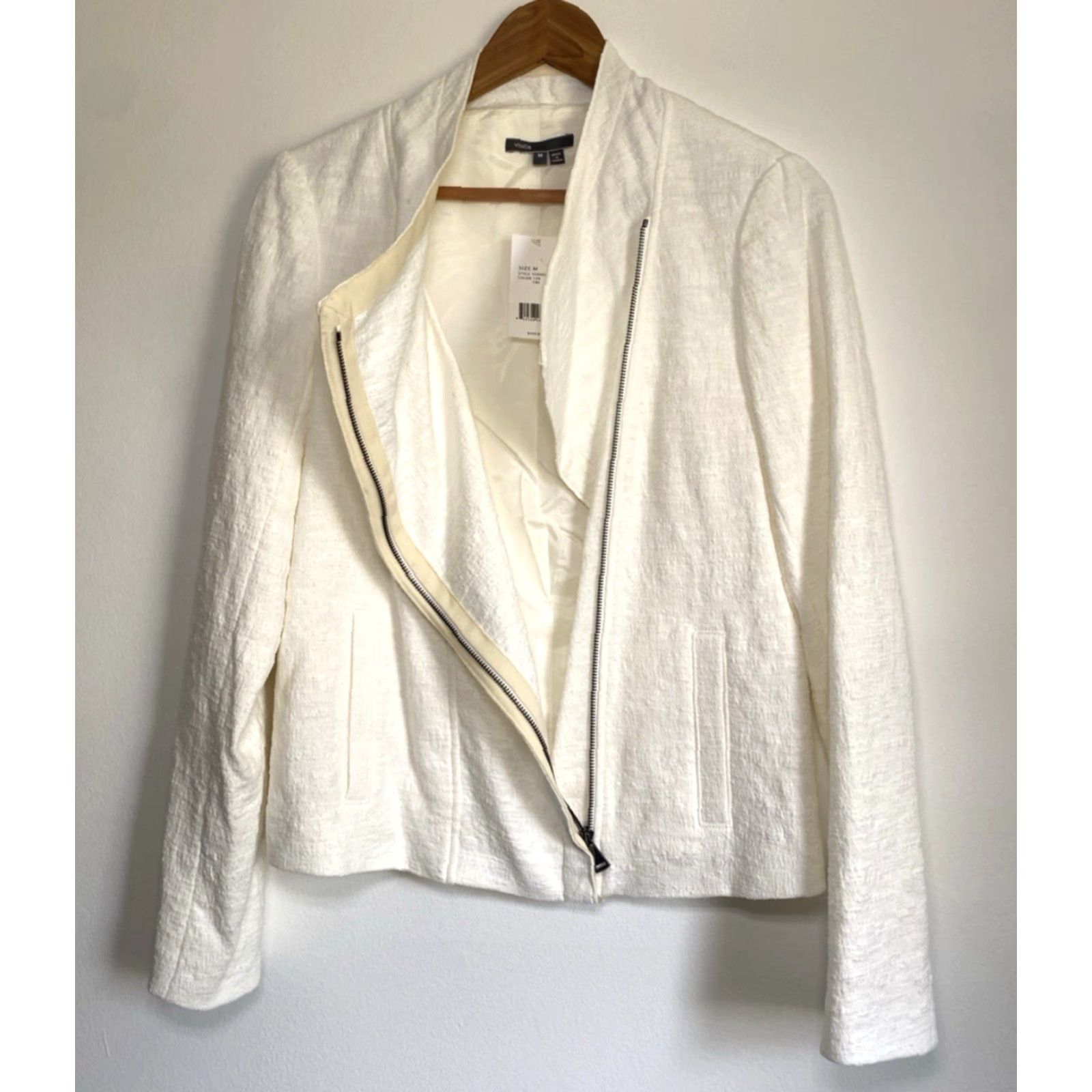 Vince NWT Vince Women's Jacket Biker Asymmetrical Zip Stretch Cotton Frise Sz M Cream Size M / US 6-8 / IT 42-44 - 4 Thumbnail