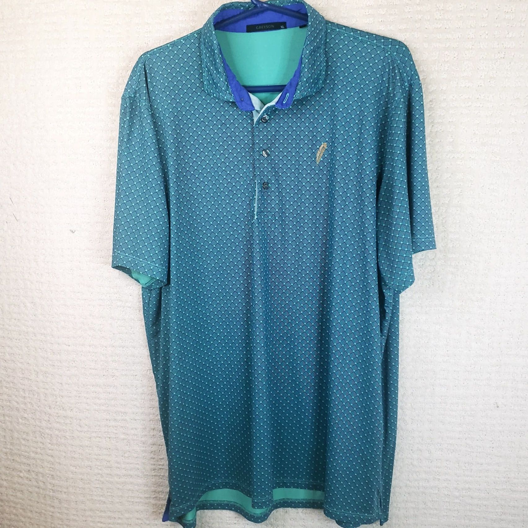 Vintage Greyson Polo Shirt Mens XL Blue Green Geometric Pattern Feather Logo Golf Performance Stretch Short Sleeve Polo Size US XL / EU 56 / 4 - 2 Thumbnail