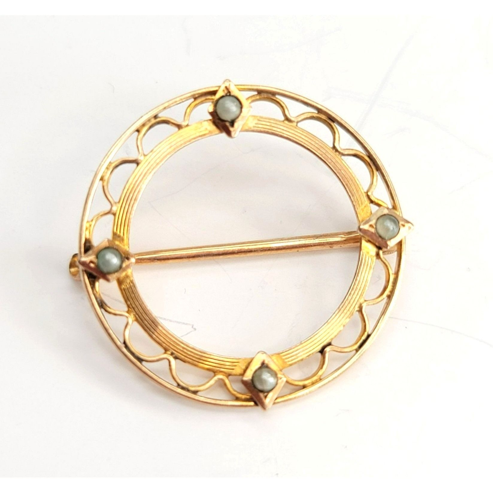 Vintage Antique Krementz 10k Gold Pin Brooch Round Seed Pearl Scallo Size ONE SIZE - 1 Thumbnail