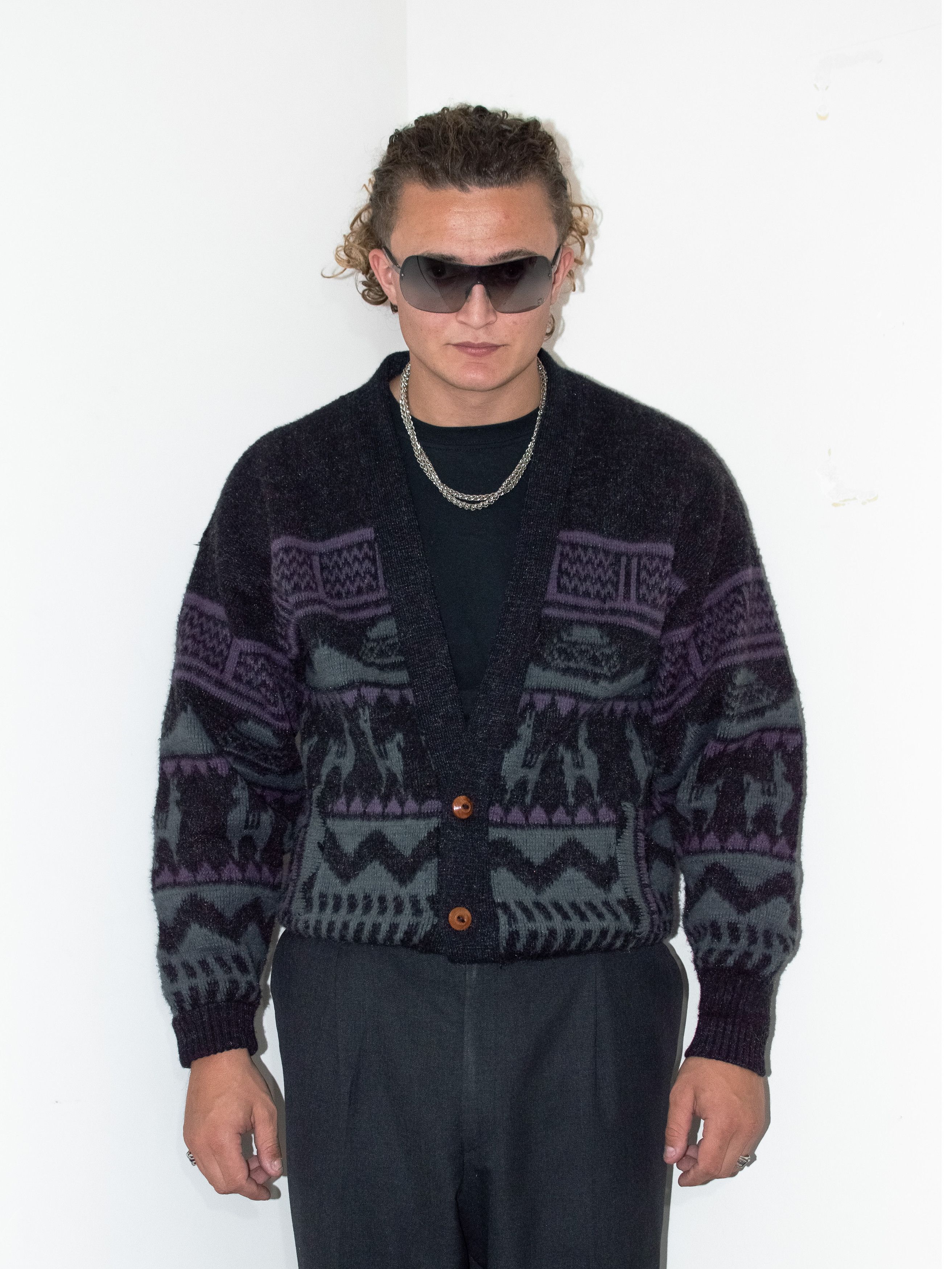 Designer × Vintage Vintage 90s Alpaca Geometric Crazy Pattern Cardigan Size US L / EU 52-54 / 3 - 2 Thumbnail